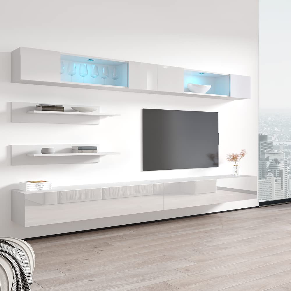 Modern Wall-Mounted TV Stand with Storage Shelves & LED Lights - Floating Entertainment Center Console for Bedroom & Living Room - White I3 30TV Stand by Meble Furniture - Perfect for Small Spaces & Home Theater Setup