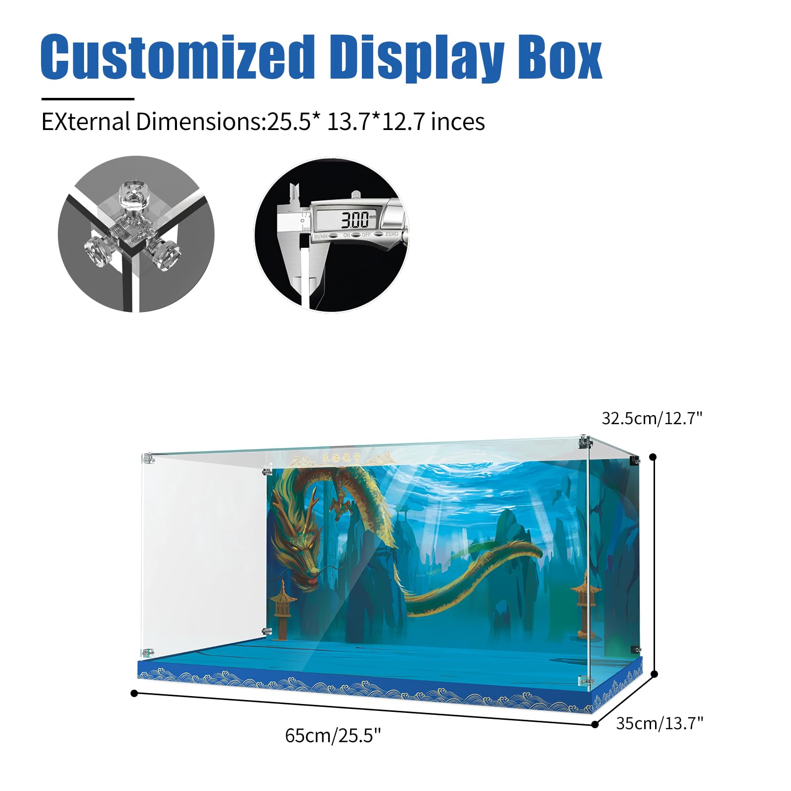 Acrylic Display Case for Lego Monkie Kid 80049 Dragon of The East Palace Building Set - Clear Protective Cover with Base & HD Painted Background | Perfect for Showcasing Collectible Lego Models at Home or Office