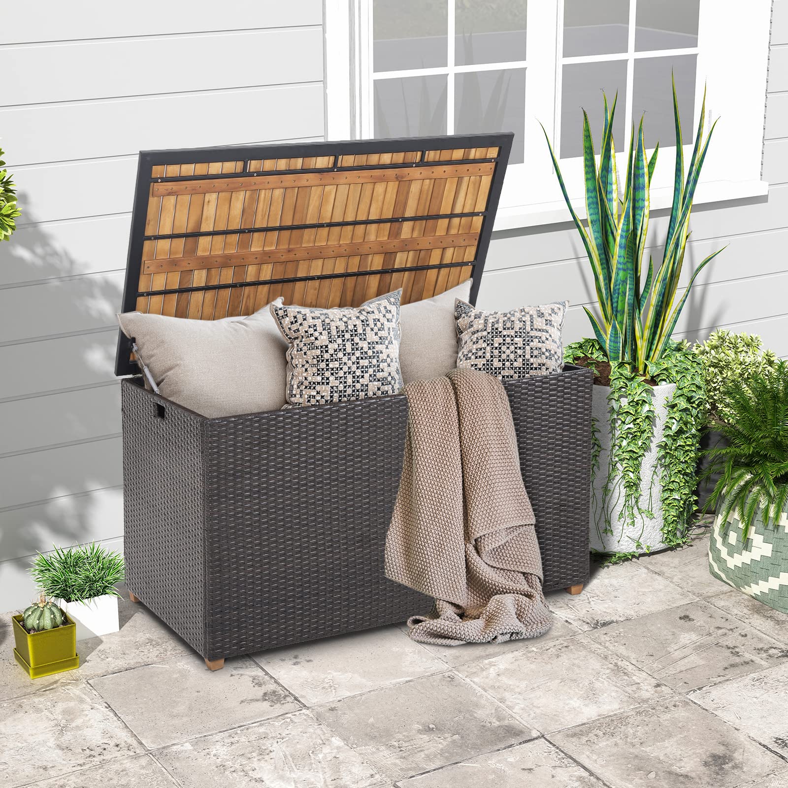 HAPPYGRILL 134 Gallon Rattan Deck Box with Zippered Liner - Waterproof Outdoor Storage Container with Acacia Wood Top & Feet, Effort-Saving Pneumatic Rod - Perfect for Patio, Porch, Backyard, Garden Organization & Cushion Storage