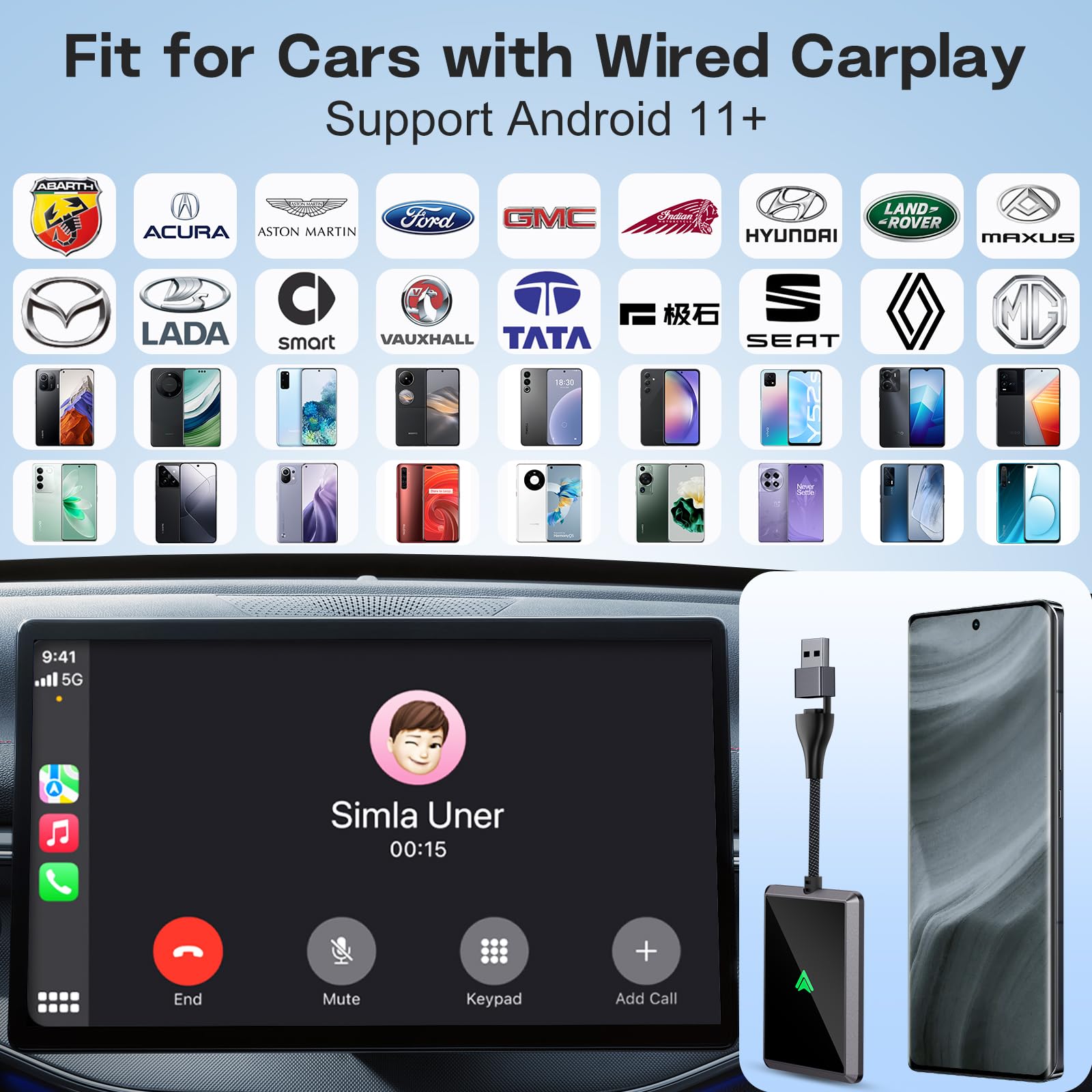 AOGUERBE Wireless Android Auto Adapter - Convert Wired to Wireless CarPlay for Android 11+ & Cars 2017+ | Plug & Play USB Dongle | Seamless Music/Navigation (Gray) - Perfect for Commuting & Road Trips