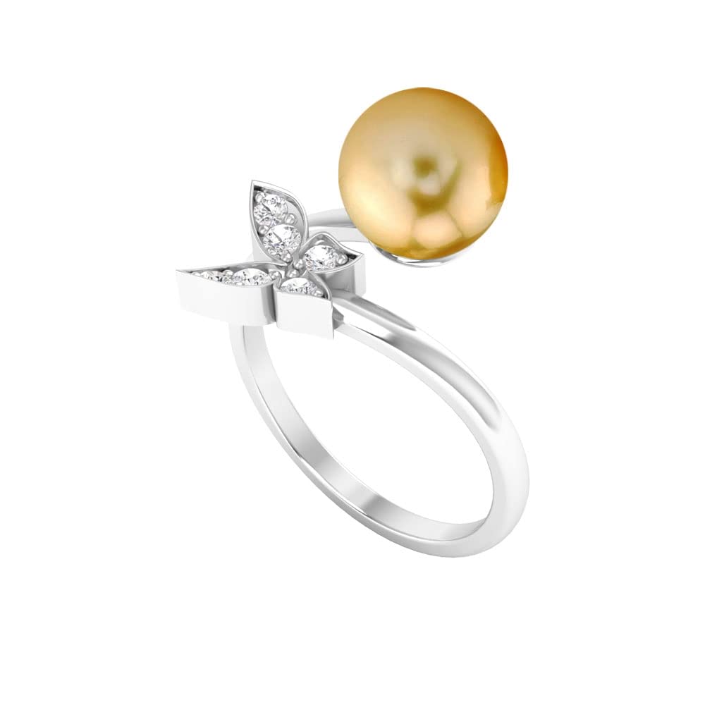 14K Solid Gold South Sea Pearl & Diamond Butterfly Wrap Ring - Elegant Cocktail Jewelry for Weddings, Parties & Special Occasions
