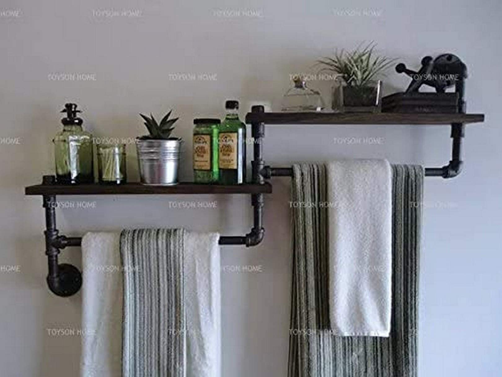 Wall-Mounted Multi-Function Towel Rack - Industrial Pipe Bathroom Organizer with Solid Wood Shelf | Space-Saving Storage for Towels, Robes & Bathroom Essentials (Vintage American Style)