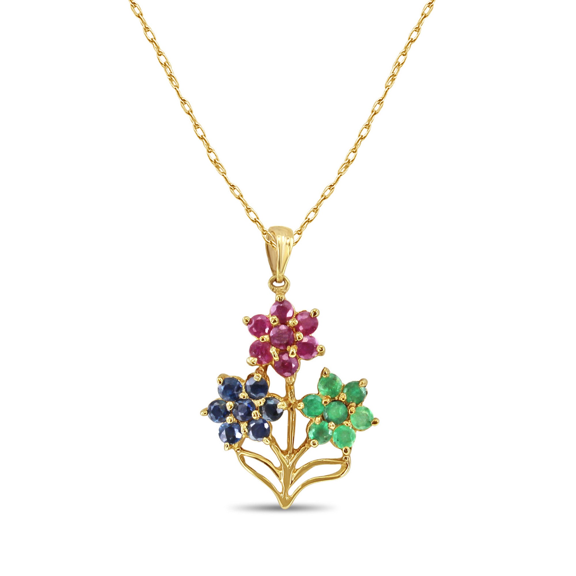 14k Yellow Gold Basket Full of Emerald, Sapphire & Ruby Flowers - Elegant Jewelry Gift for Women, Perfect for Weddings, Anniversaries & Special Occasions