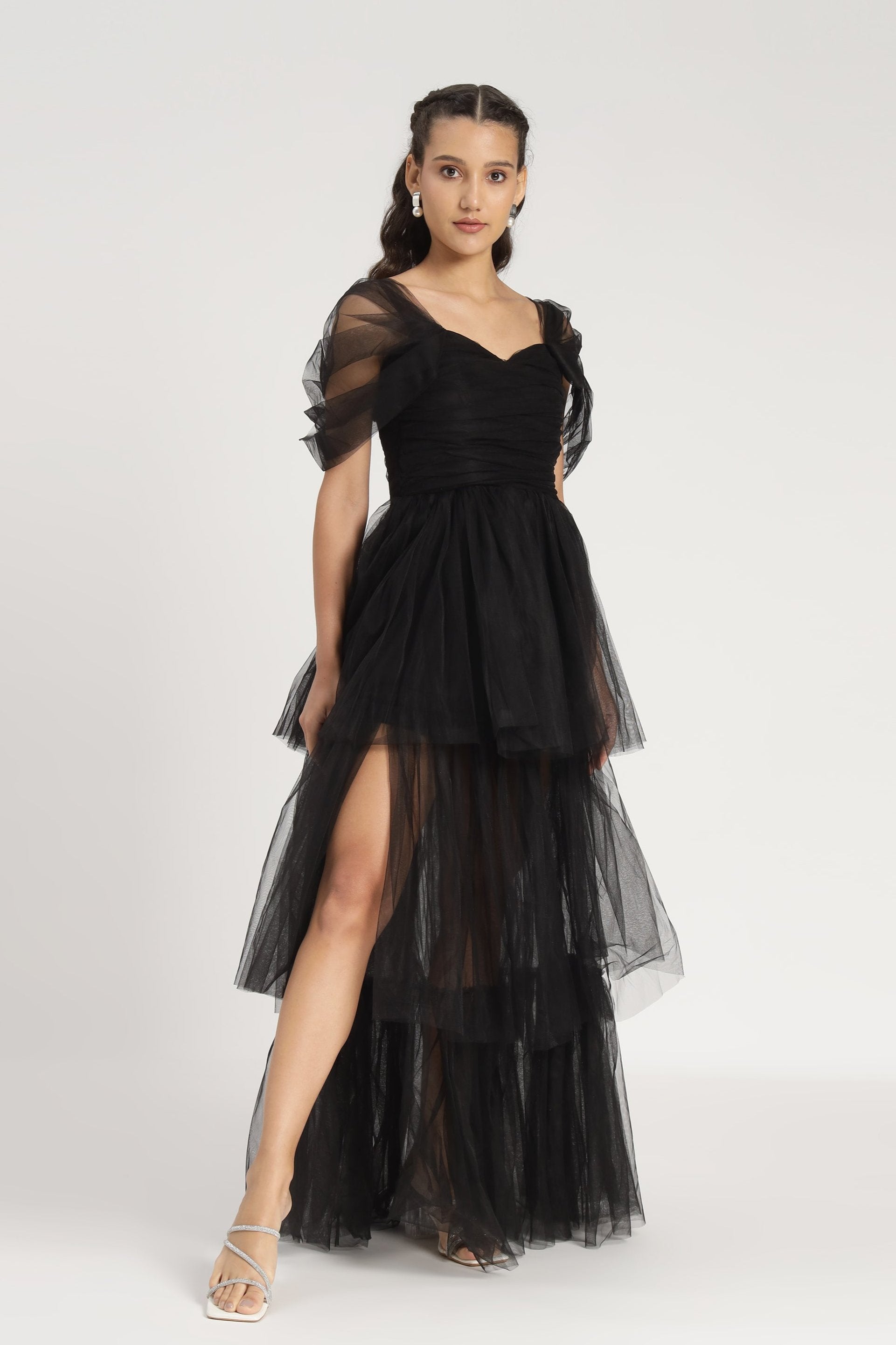 Elegant Black Off Shoulder Tulle Maxi Dress for Women - Perfect for Weddings, Parties & Special Occasions