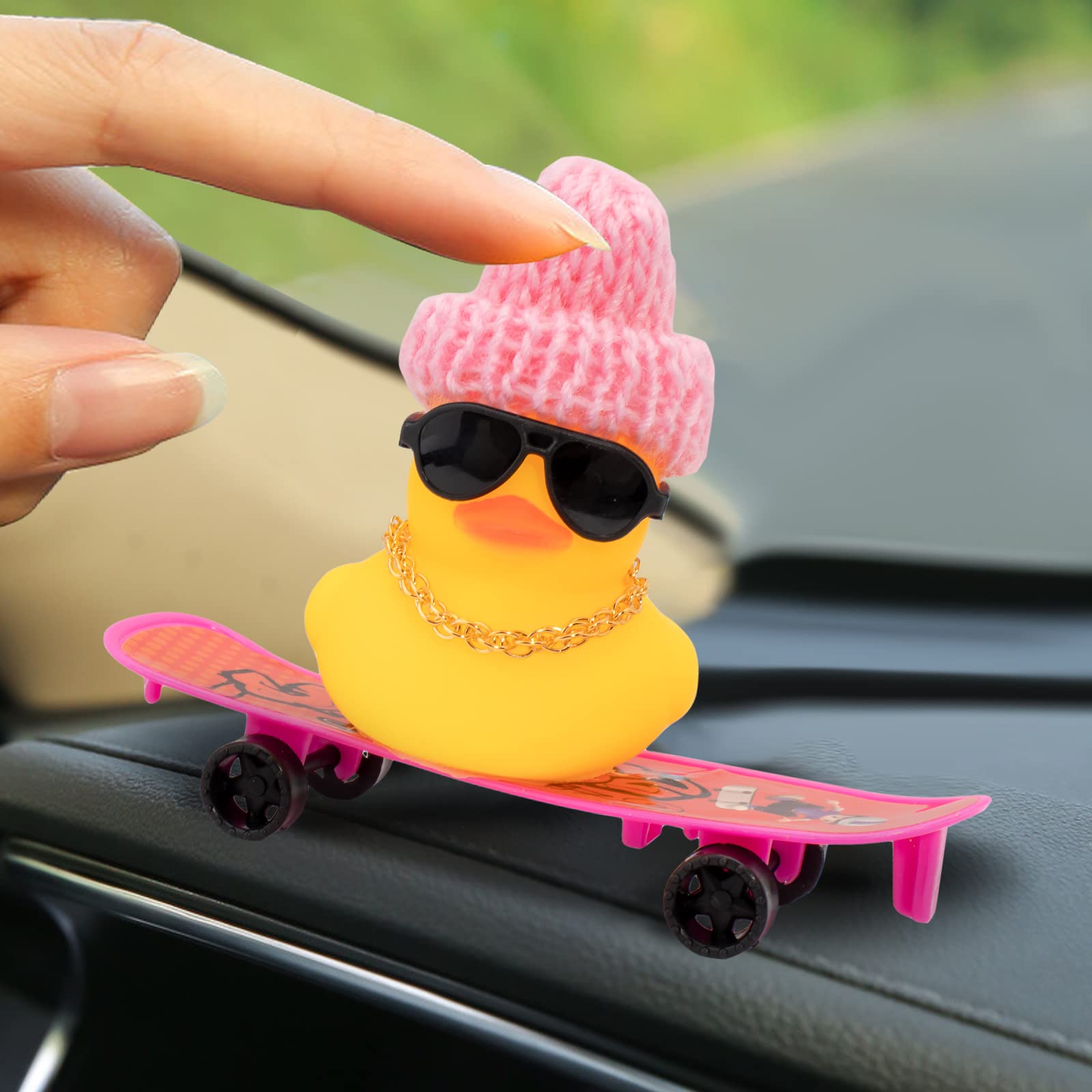 Wonuu Car Duck Ornament - Rubber Duck Dashboard Decoration with Mini Hat, Necklace, Sunglasses, Chair & Skateboard - Fun Car Accessory for Dashboard, Office Desk, or Home Decor