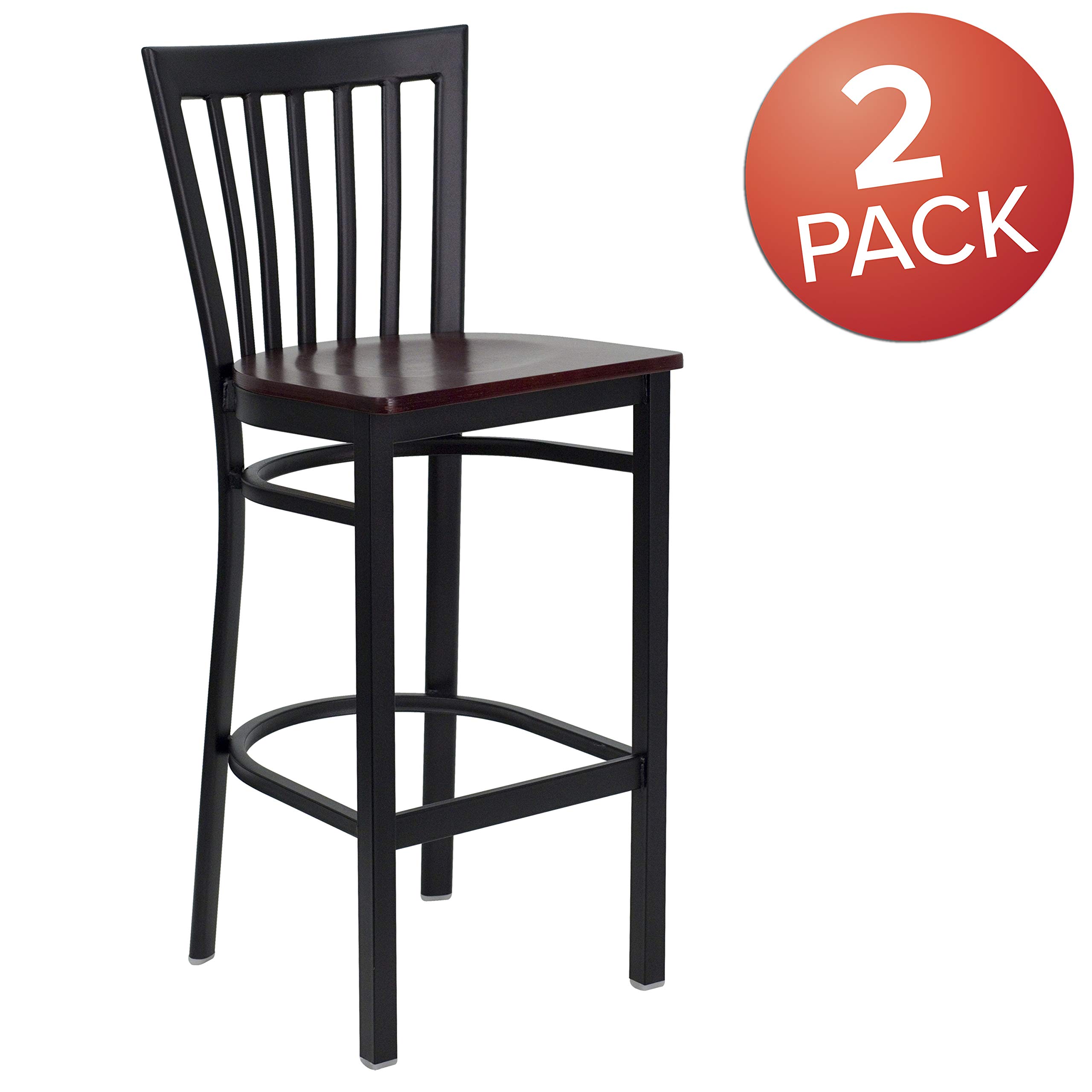 2 Pack Black Metal Bar Stools with Mahogany Wood Seat - Vintage Schoolhouse Style for Restaurant, Cafe & Home Bar Counter - Perfect for Dining, Kitchen Island & Breakfast Nook