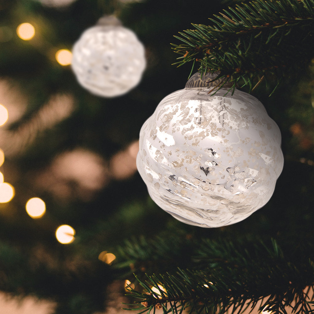 3 Pack Silver Solene Mercury Glass Swirled Ball Ornaments - Elegant Christmas Tree Decorations for Holiday Home & Party Decor