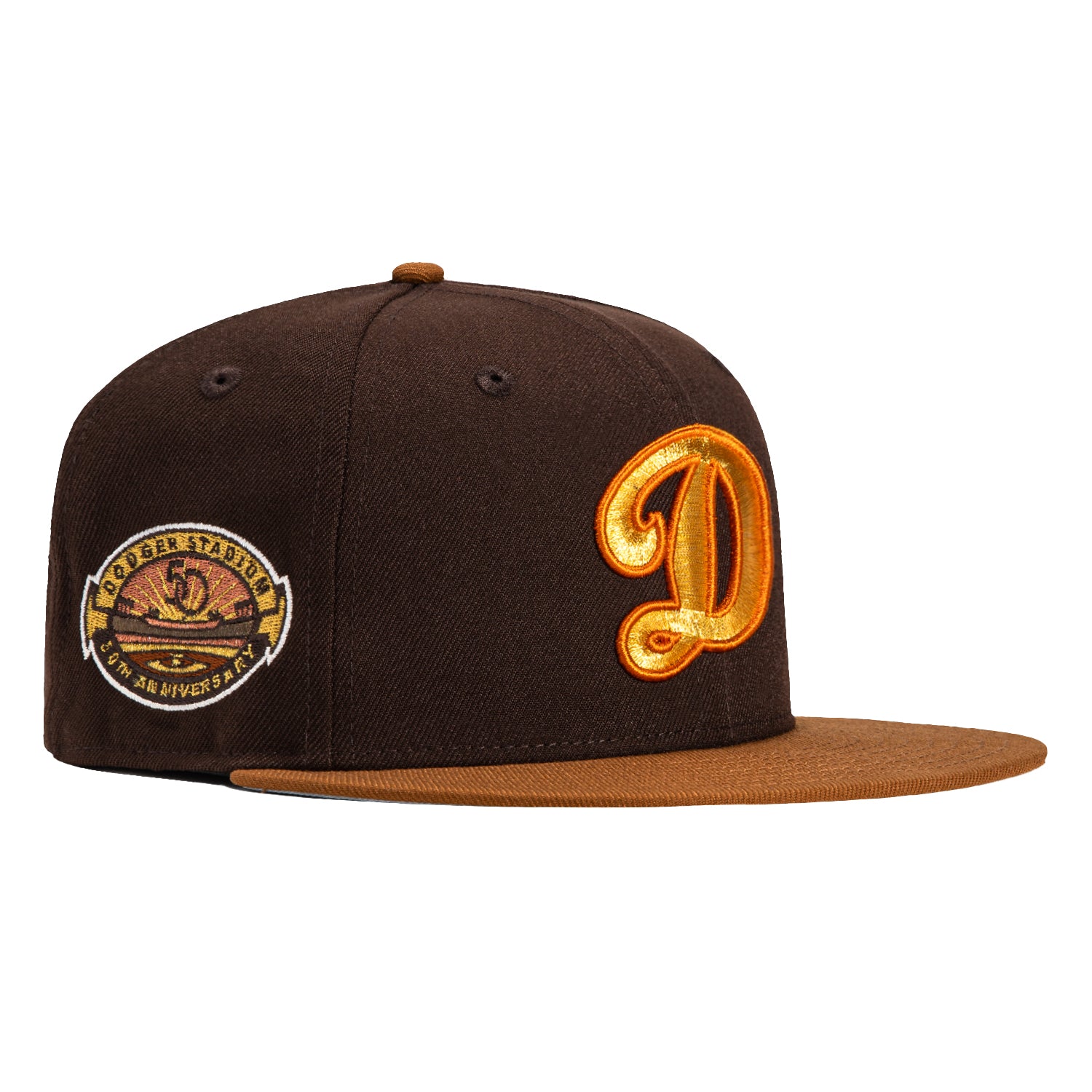 New Era 59Fifty Los Angeles Dodgers 50th Anniversary Stadium Patch Snapback Hat - Brown, Khaki & Metallic Gold | MLB Baseball Cap for Men & Women | Game Day, Streetwear & Sports Fan Fashion