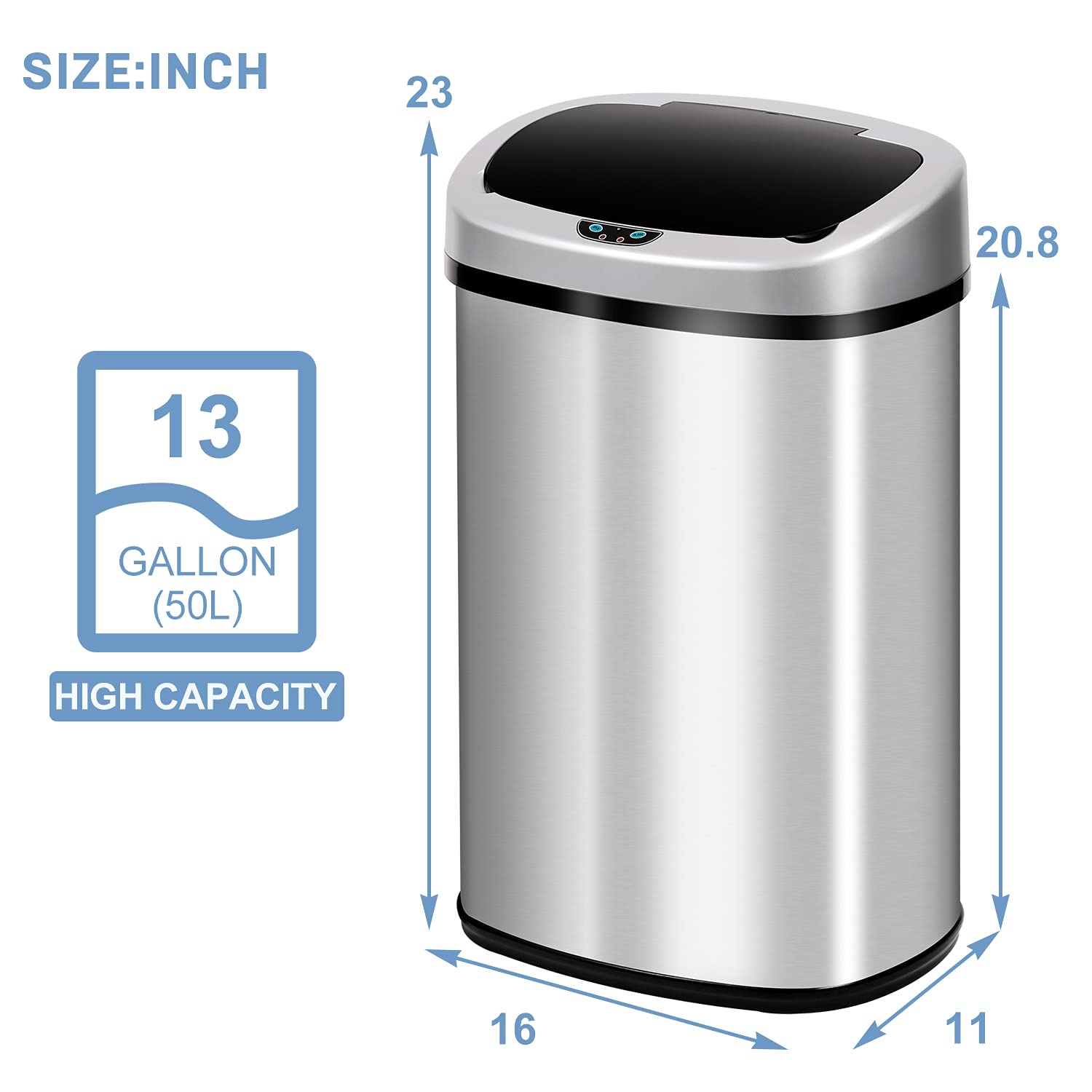 13 Gallon Automatic Touchless Stainless Steel Trash Can - Motion Sensor Smart Kitchen Garbage Bin with Lid, Hands-Free Auto Open/Close Waste Bin for Office, Bedroom, Bathroom (Silver) | Perfect for Modern Homes & Commercial Spaces