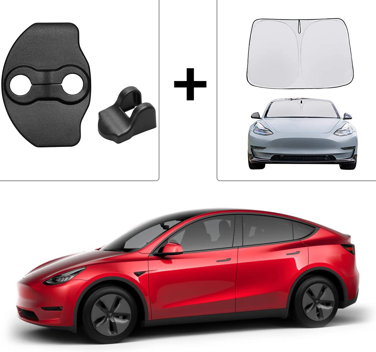 Basenor Tesla Model 3 & Model Y Door Lock Covers and Windshield Sunshade - Premium Car Accessories for Sun Protection & Security | Perfect for Summer Driving & Vehicle Safety