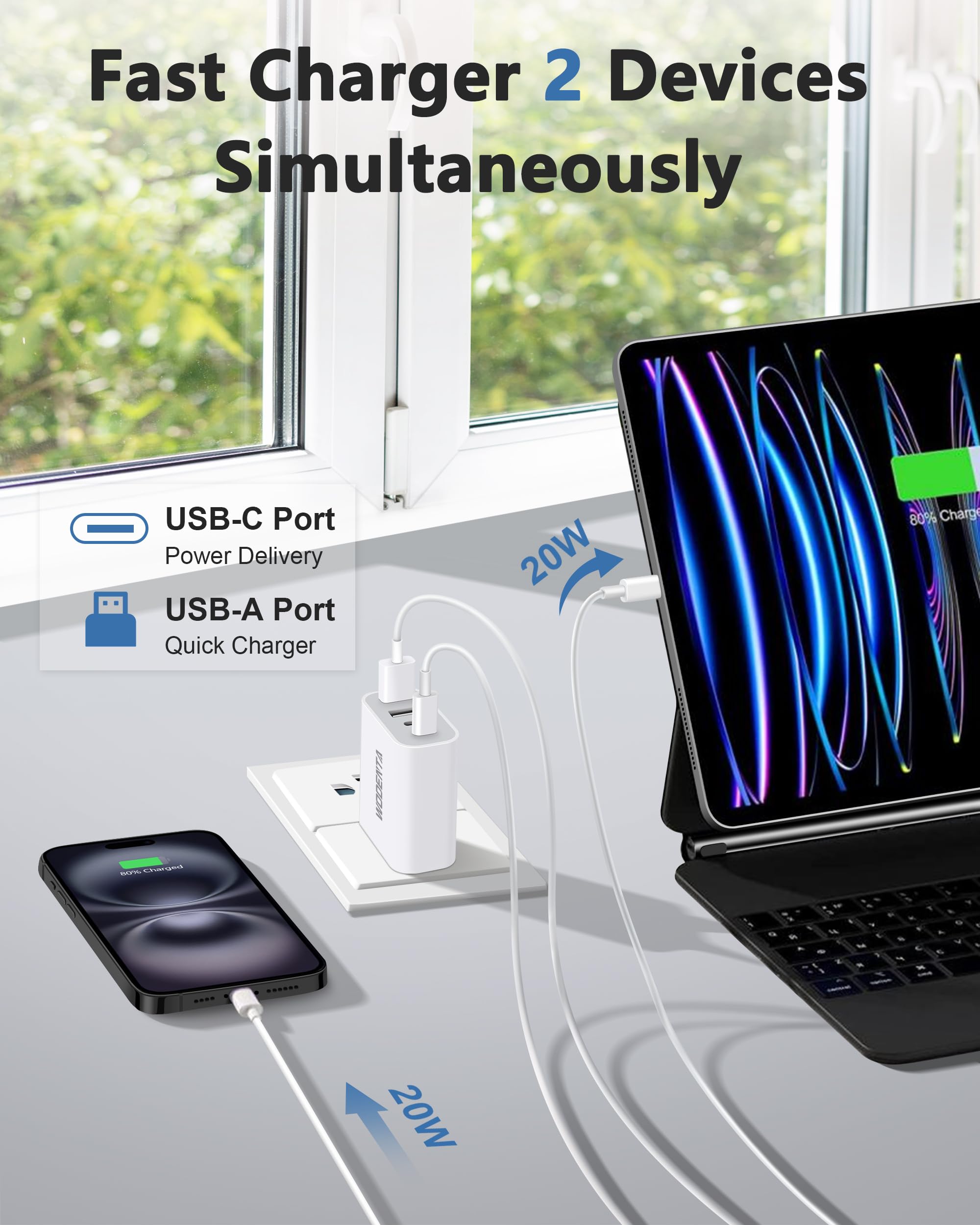 40W Fast USB C Charger Block 2-Pack - 4-Port Wall Charger with Dual USB-C & USB-A Ports - Compatible with iPhone 16/15/14/13/12/11 Pro Max/XS/X, iPad, Samsung Galaxy & Android Phones - Perfect for Home, Office & Travel Charging Multiple Devices Simultaneously
