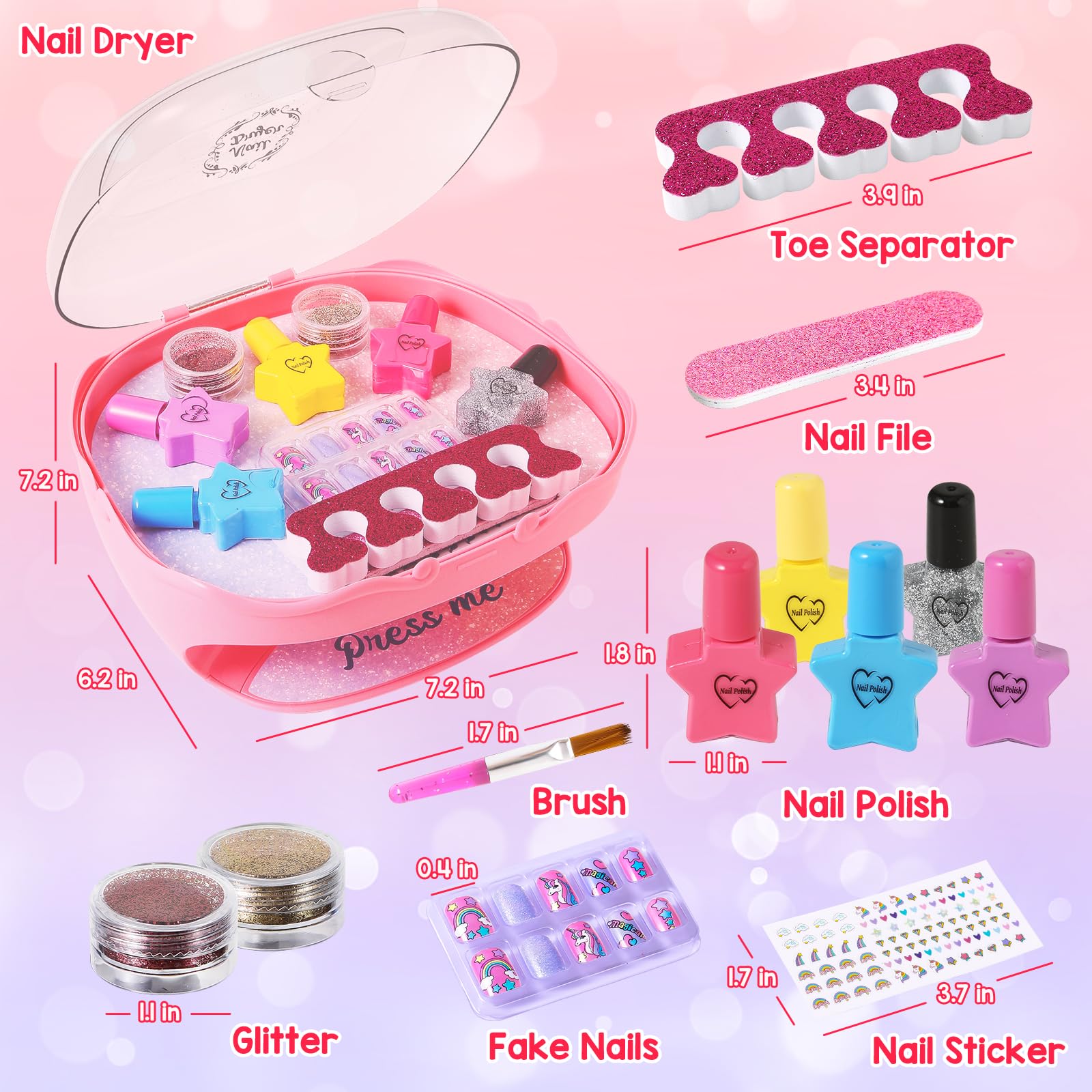 **Girls Nail Polish Set - 12 Colors Non-Toxic Nail Polish Kit with Nail Dryer, Fake Nails, Glitter & Toe Separator - Perfect Birthday Gift for Girls Ages 5-10 - Fun Nail Art for Kids Parties & Playtime**