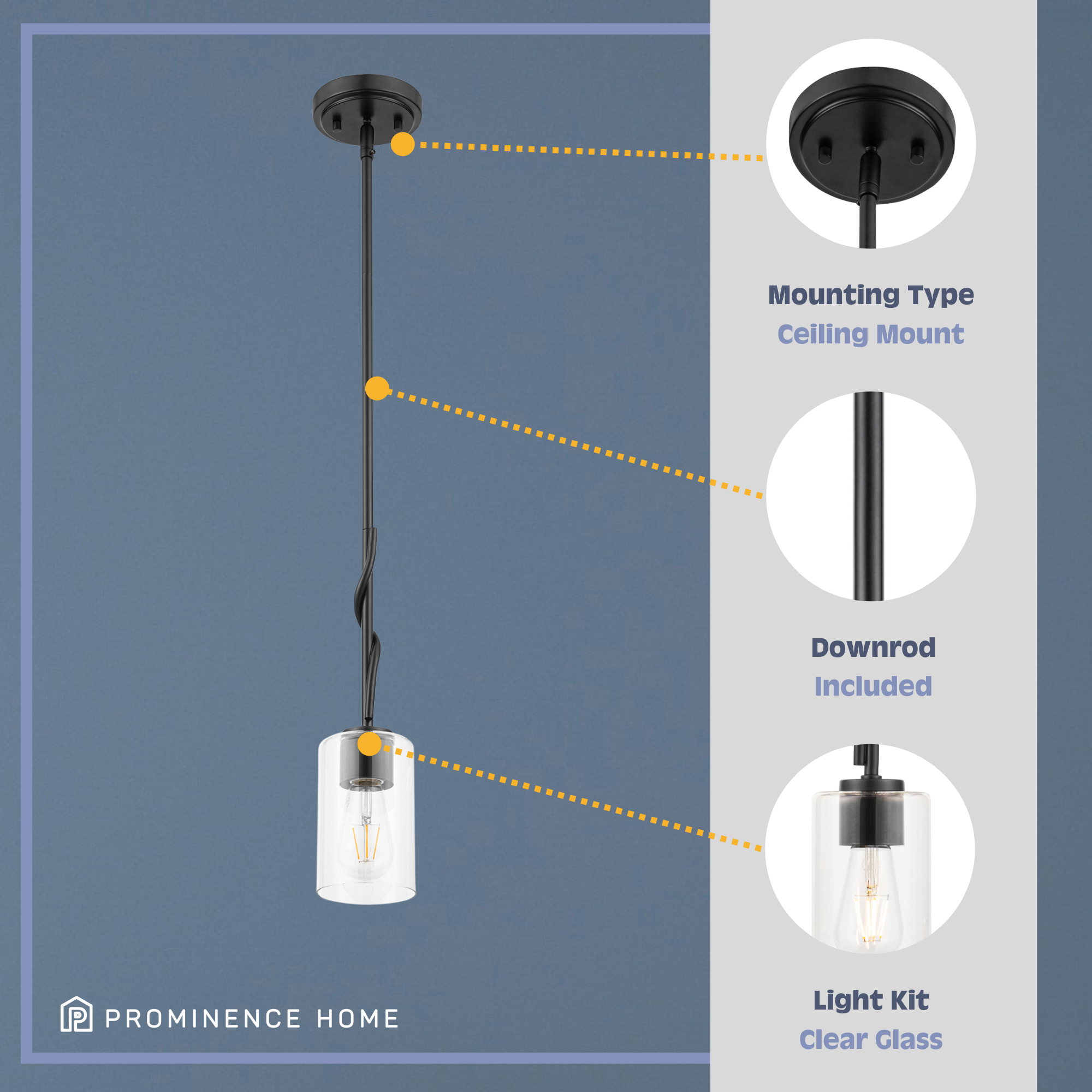 1 Light Lantier Mini Pendant Light Fixture - Matte Black Finish with Clear Glass Shade - Perfect for Kitchen Island, Dining Room, or Entryway Lighting