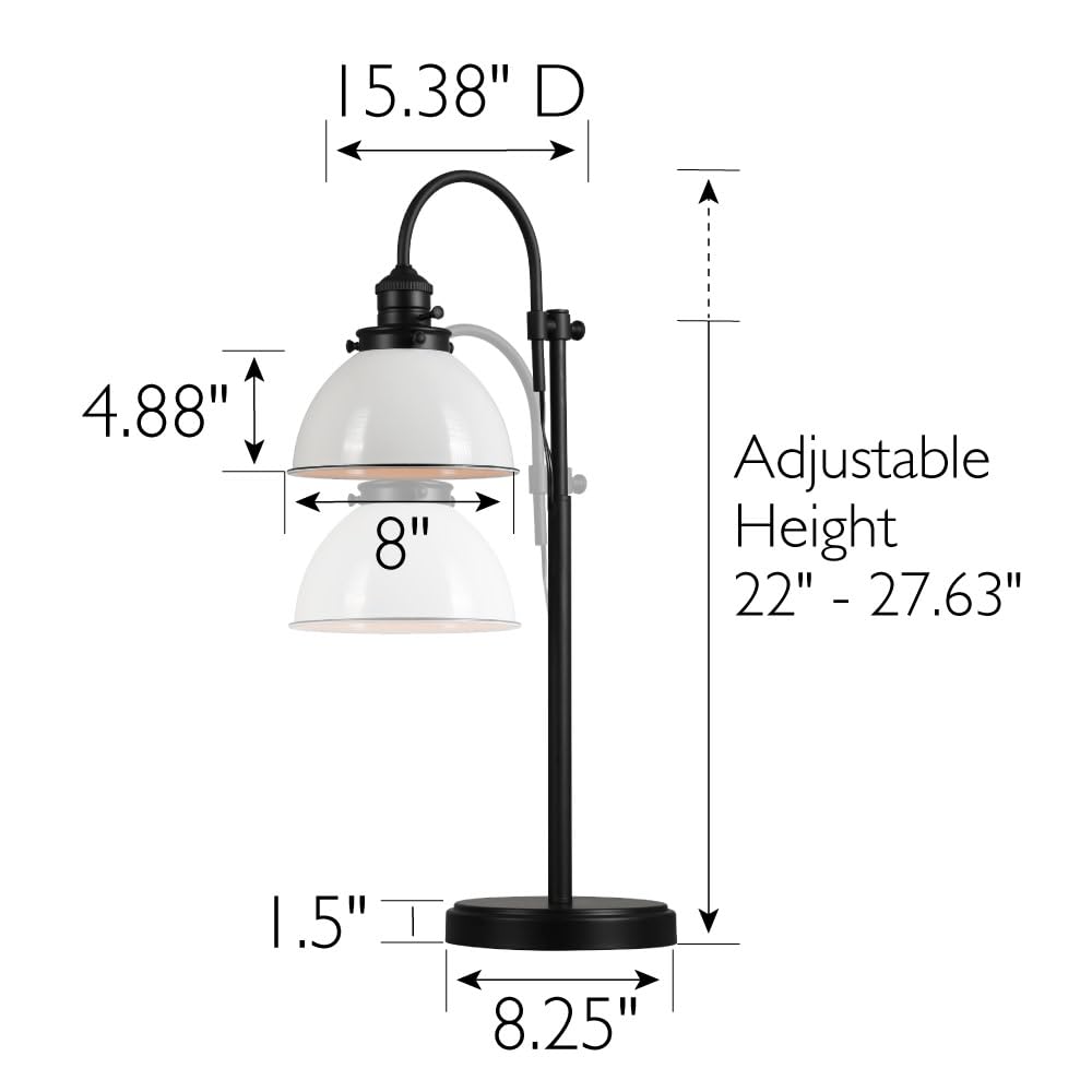 Savannah Farmhouse Adjustable Table Desk Lamp - Matte Black with White Metal Shade & Black Trim | Perfect for Home Office, Study Room & Reading Nook Lighting