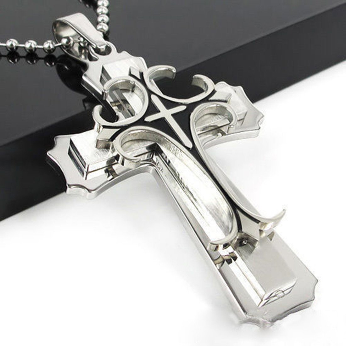 Stainless Steel Men's Cross Pendant Necklace with Angel Wings - Religious Jewelry for Men - Perfect for Church, Daily Wear & Gifts