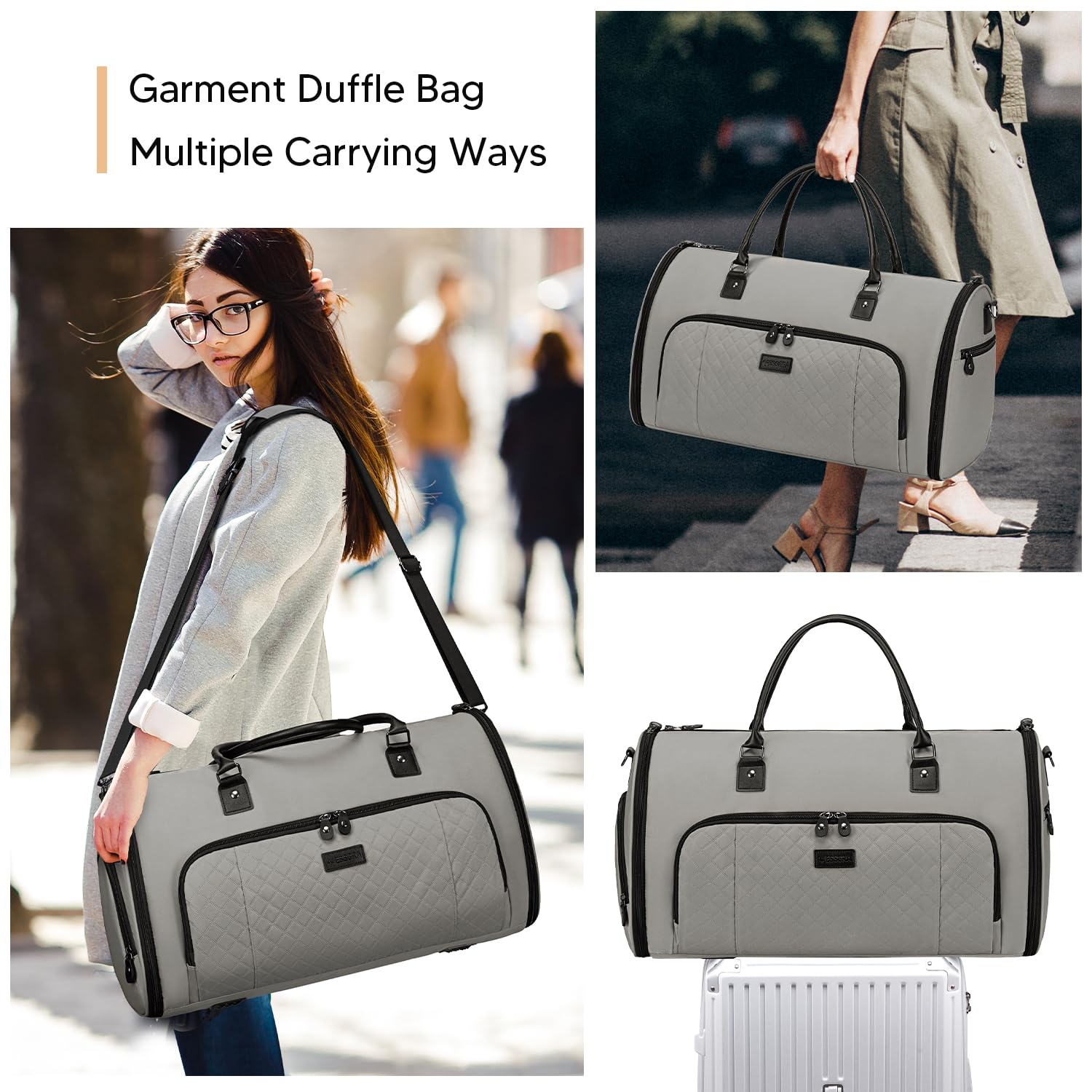 Convertible Travel Garment Bag for Women - 2-in-1 Carry On Duffle with Shoe Compartment & Detachable Shoulder Strap (Grey) | Perfect for Business Trips, Weddings & Airplane Travel