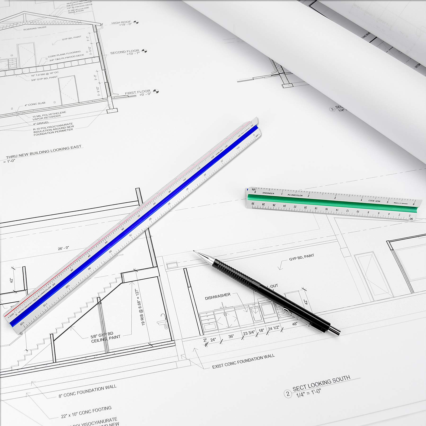 Alumicolor Aluminum Architect Color-Coded Solid Drafting Scale Ruler - 4 Inch Silver - Perfect for Architectural Drawings, Engineering Plans & DIY Projects