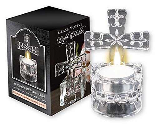 Holy Water Font Glass Cross Tea Light Holder with Blessed Lourdes Water Bottle for Home Altar, Prayer Space, and Spiritual Meditation