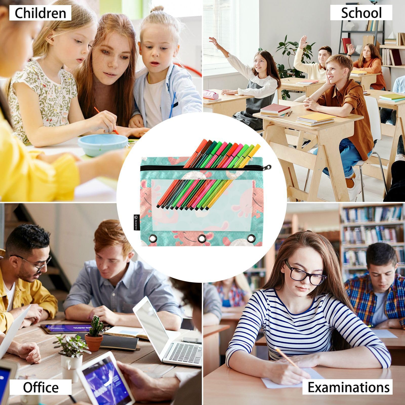 Kawaii Axolotl Green Zipper Pencil Pouch 2-Pack - 3-Ring Binder Organizer for School & Office Supplies - Cute Stationery Case for Notebooks, Folders & Backpacks