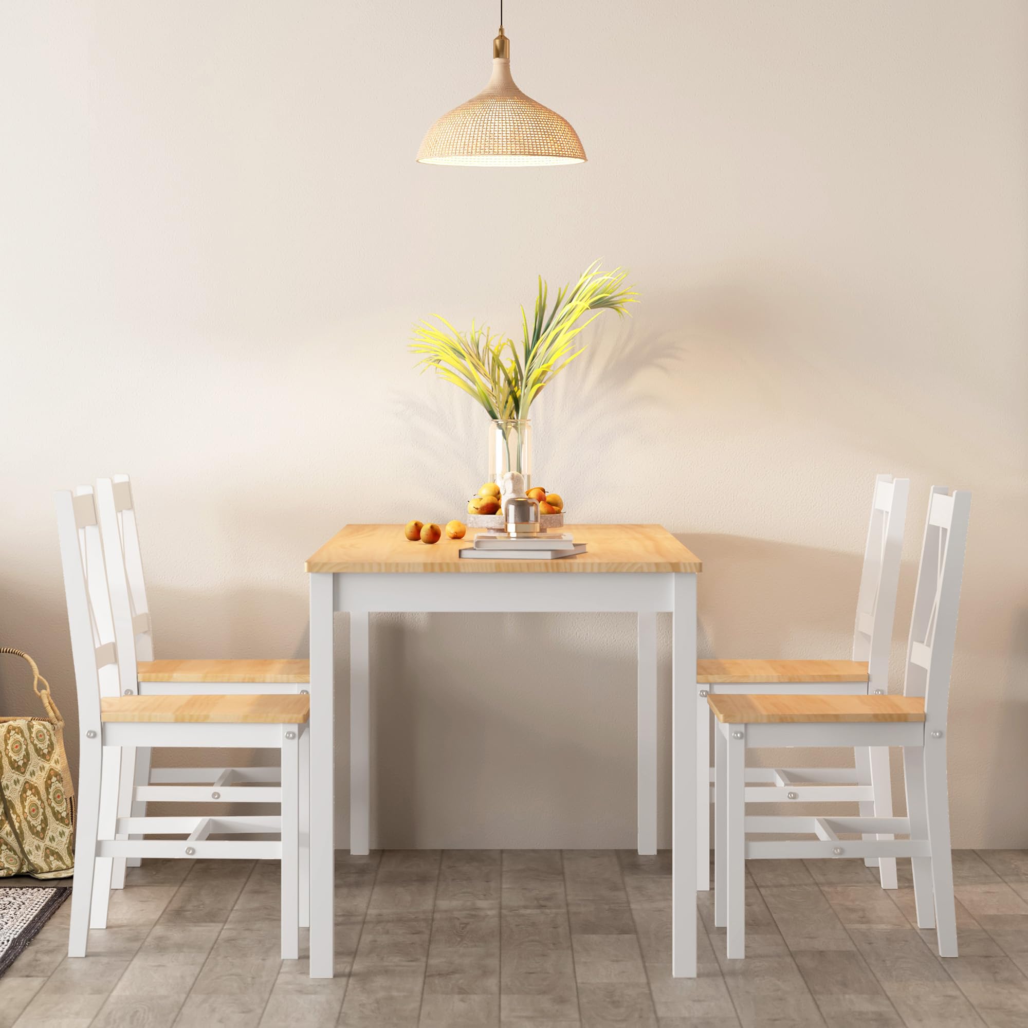 Soges 5-Piece White & Oak Dining Table Set - 47.2 Inch Pine Wood Rectangular Kitchen Table with 4 Chairs - Perfect for Small Kitchens, Dining Rooms, and Breakfast Nooks