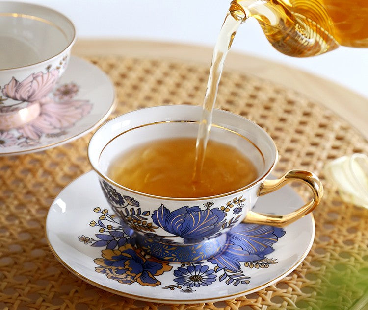 Elegant Ceramic Coffee Cups & British Tea Set with Iris Flower Design - Royal Bone China Porcelain Tea Cup and Saucer Set in Gift Box - Perfect for Afternoon Tea, Gifts, and Home Decor
