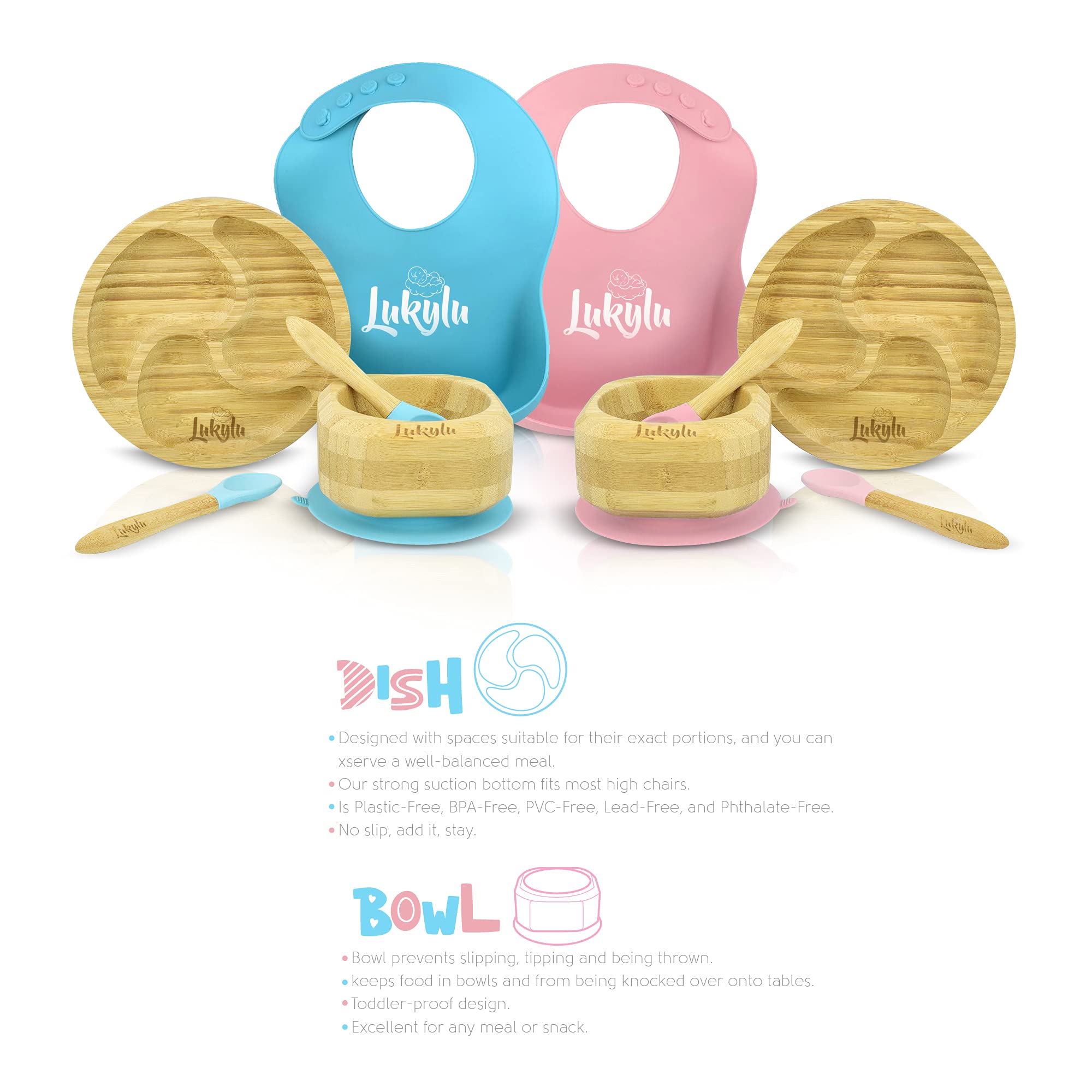Lukylu 5-Piece Bamboo Baby Suction Plate Set - Non-Slip Toddler Bowls & Dishes for Kids - BPA-Free Training Plates for Babies - Perfect for High Chairs, Travel & Mess-Free Mealtime (Blue)