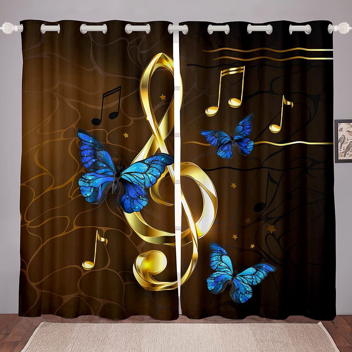 Erosebridal Blue Butterfly Music Note Curtains for Kids Girls Teens - Abstract Geometric Stripe Window Drapes 2 Panel Set (38