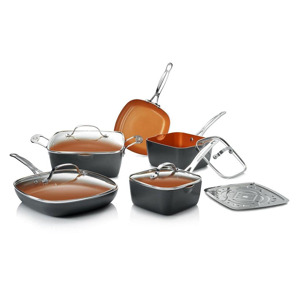 Gotham Steel 10-Piece Non-Stick Square Cookware Set with Ti-Cerama Coating – 25% More Cooking Space – Includes Skillets, Fry Pans, Stock Pots & Steamer – Graphite – Perfect for Frying, Sautéing, Steaming & Everyday Cooking – As Seen on TV