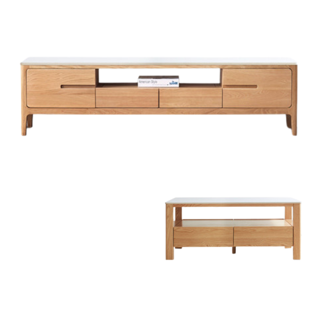 Solid Oak Wood TV Stand with Slate Top - Modern Entertainment Center for Living Room, Bedroom & Home Theater