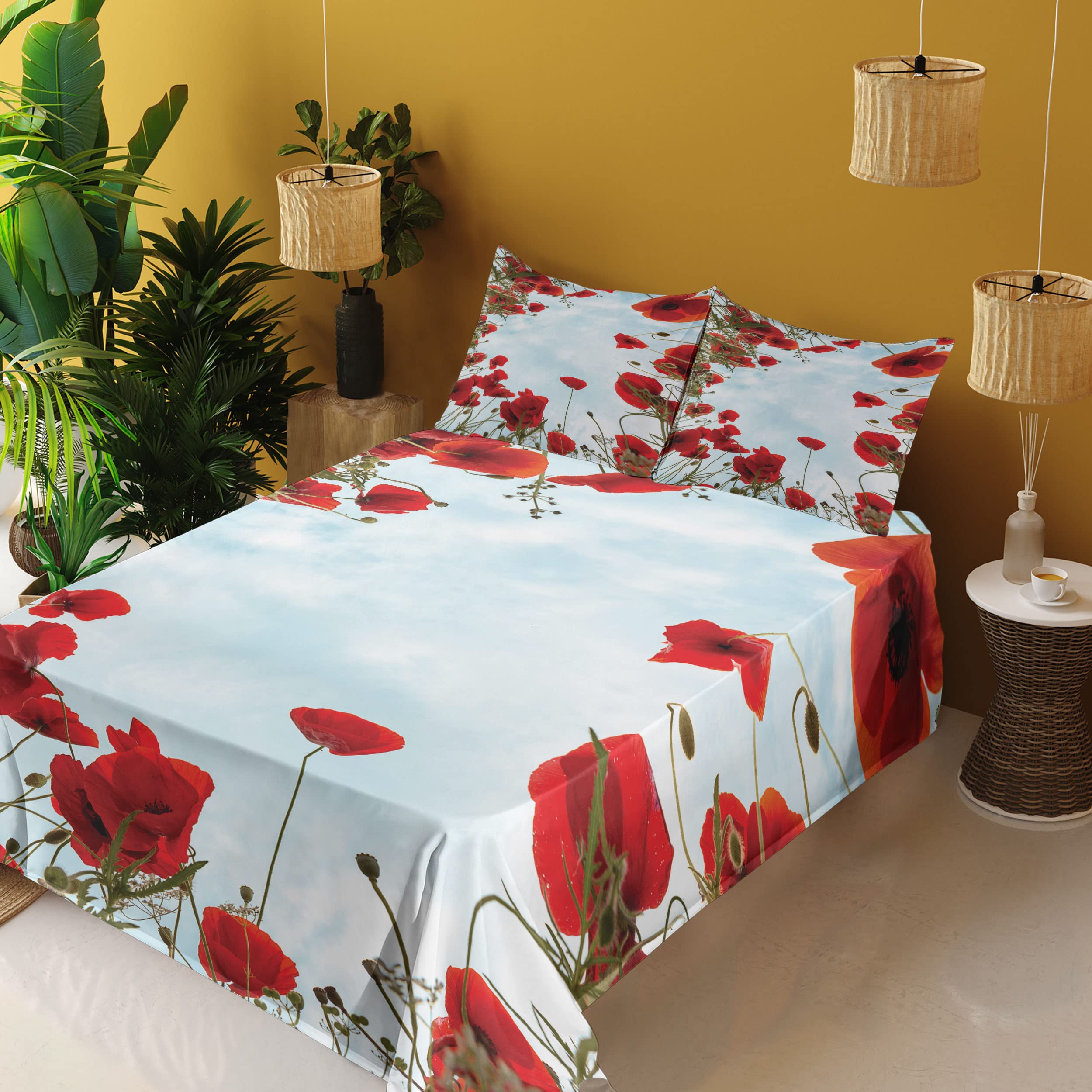 Ambesonne Poppy Flower Bed Sheet Set 4-Piece - King Size, Vermilion & Pale Blue, Tilt Shot Meadow & Herb Design - Fitted Sheet, Flat Sheet & 2 Pillowcases - Perfect for Boho & Farmhouse Bedroom Decor