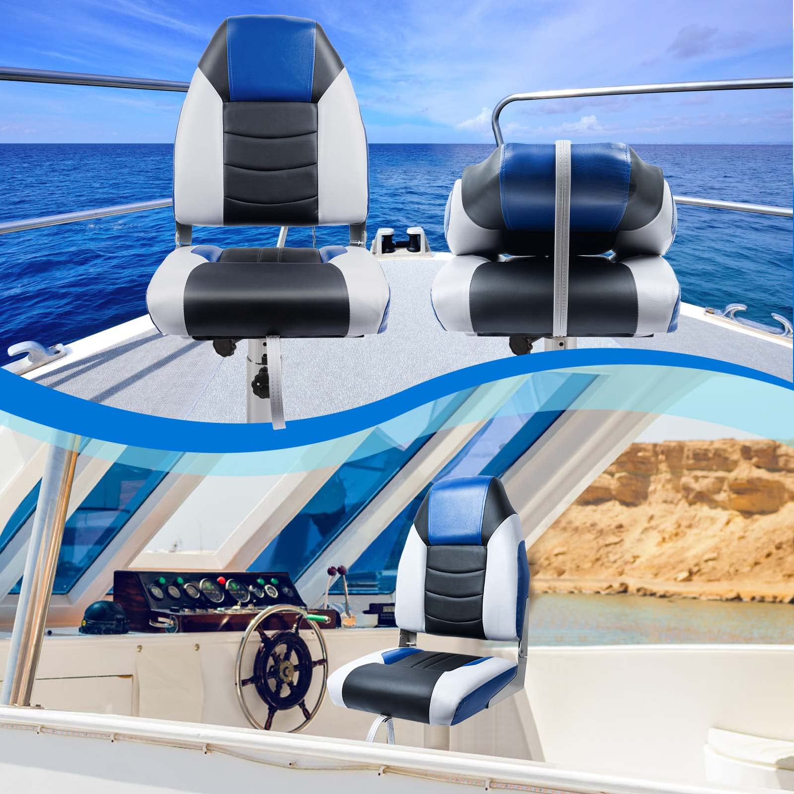 Premium 2-Pack Dreizack Folding High Back Fishing Boat Seats - Waterproof Pontoon & Bass Tracker Chairs with Stainless Steel Hardware, Aluminum Hinges & Thickened Cushion - Perfect for Fishing, Boating & Marine Adventures