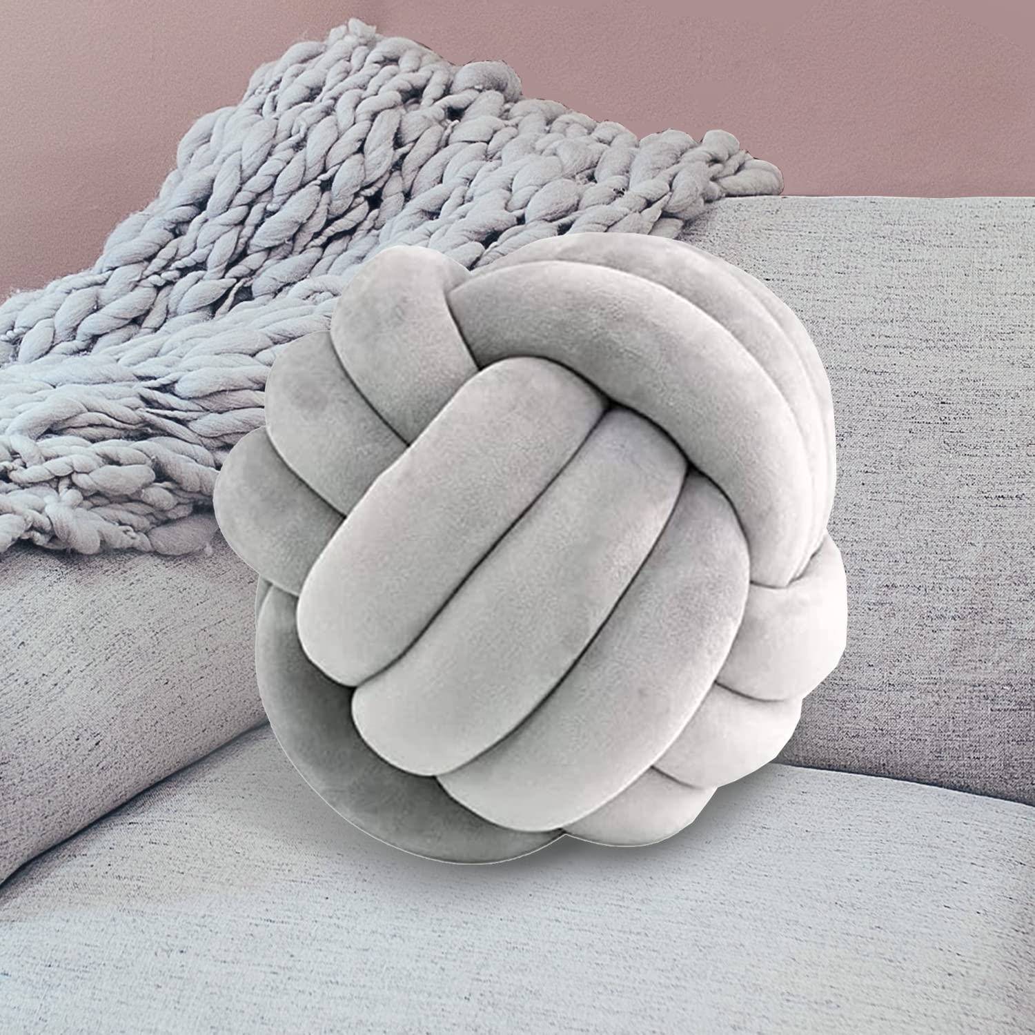 Aoruisen Soft Knotted Ball Pillow - Handmade Plush Round Throw Cushion for Sofa, Bed, Nursery - Light Grey, 10.6 Inch (1 Pack) | Perfect for Home Decor, Cozy Reading Nook & Stress Relief