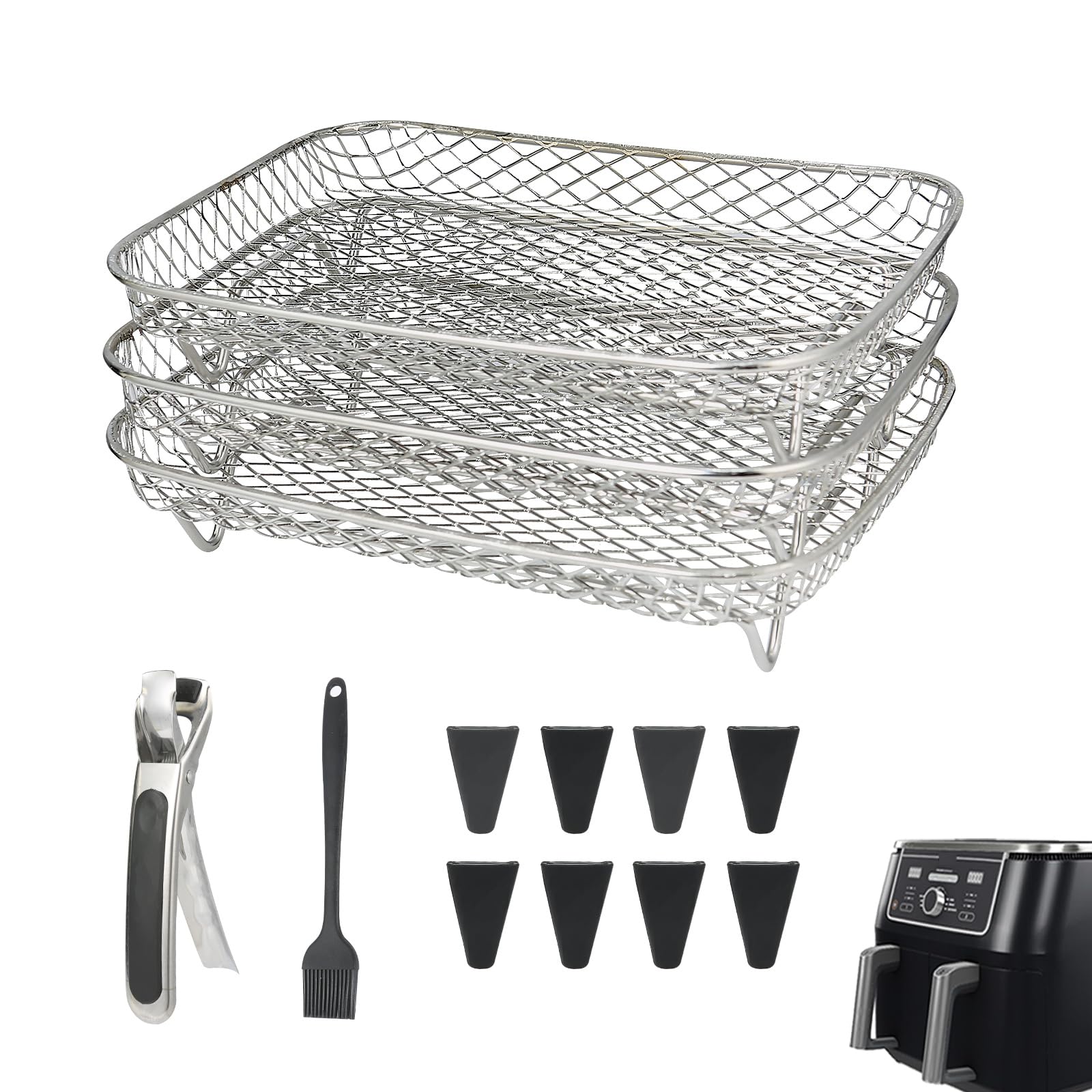 Magla Rectangle Air Fryer Rack Set - Compatible with Ninja Air Fryer Dual AF300UK, AF400UK, DZ201, DZ401 | Includes 8 Extendable Feet & Air Fryer Basket | Premium UK Brand | Perfect for Cooking Chicken Wings, Fries & Healthy Meals