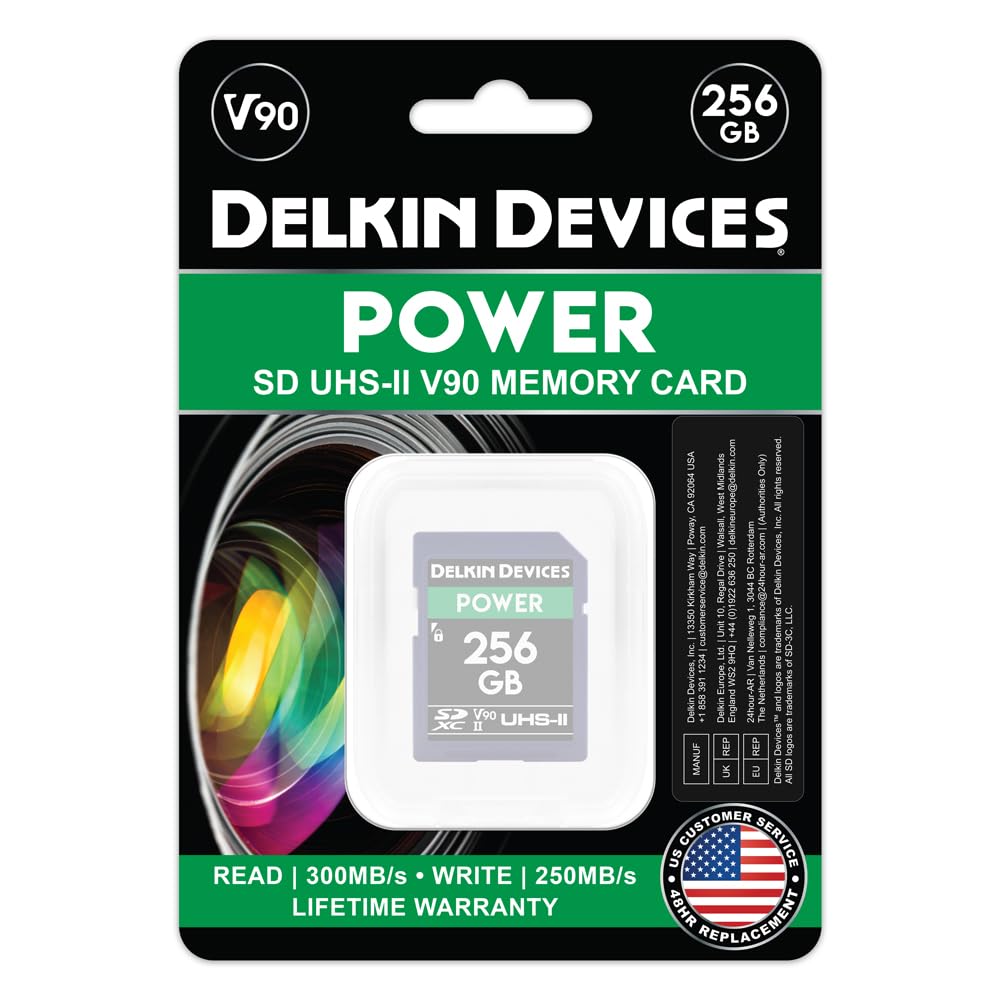 Delkin Devices 256GB POWER SDXC UHS-II V90 Memory Card - High Speed 300MB/s for 4K/8K Video, DSLR & Mirrorless Cameras - DDSDG2000256 - Perfect for Professional Photography & Videography