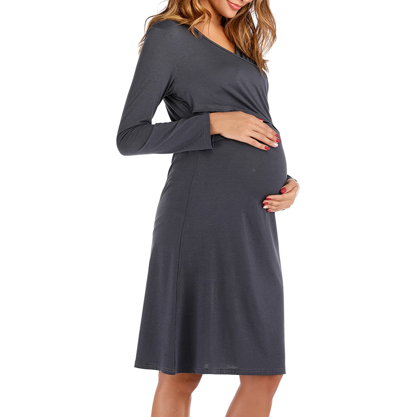 Elegant Maternity Nursing Dress Long Sleeve V-Neck Ruched Pregnant Midi Dress - Comfortable & Stylish for Pregnancy, Nursing, Evening Parties & Special Occasions