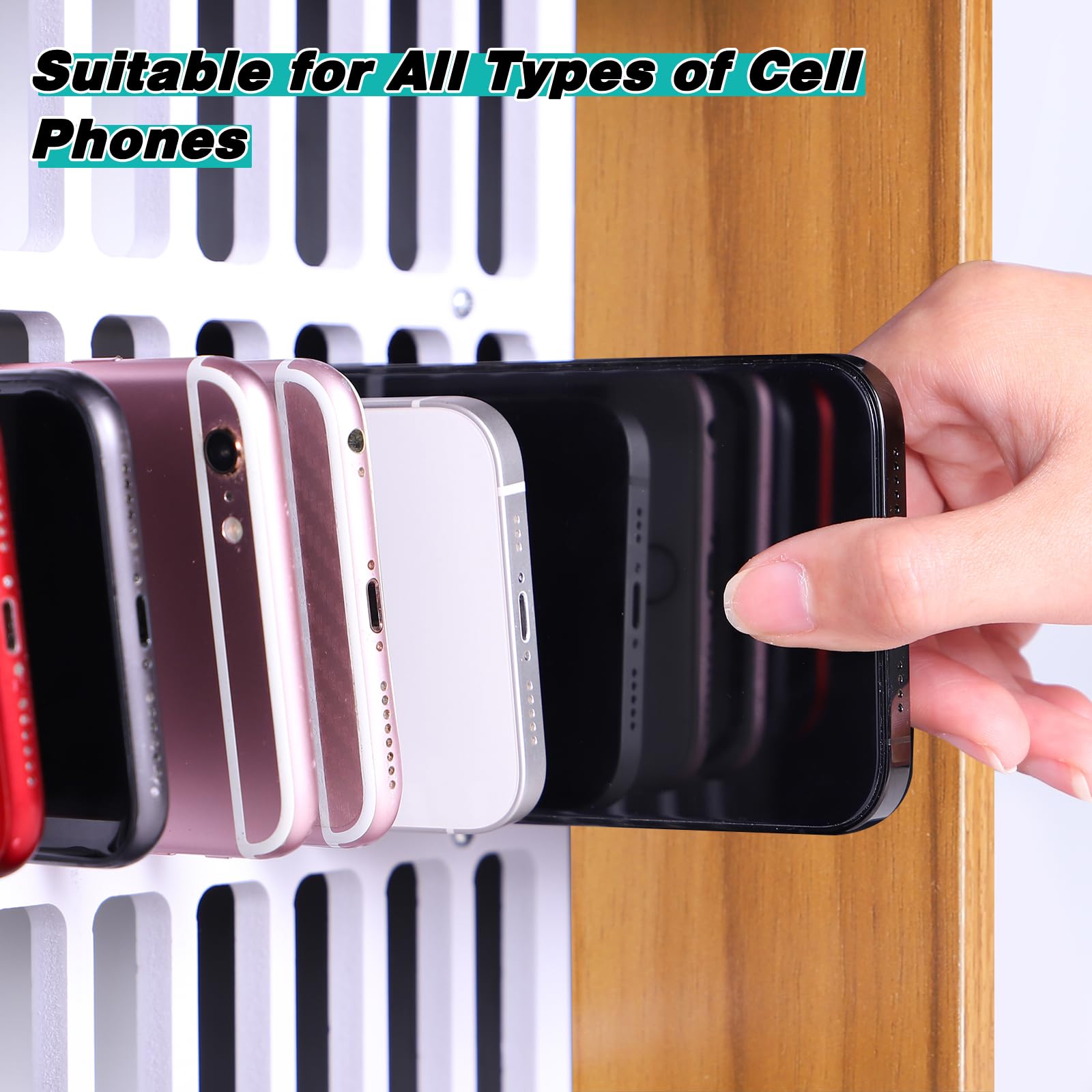 31-Slot Wooden Cell Phone Storage Cabinet with Handle & Security Lock - Cherry Wood Desktop Phone Holder for Classroom, Office, and Home Organization