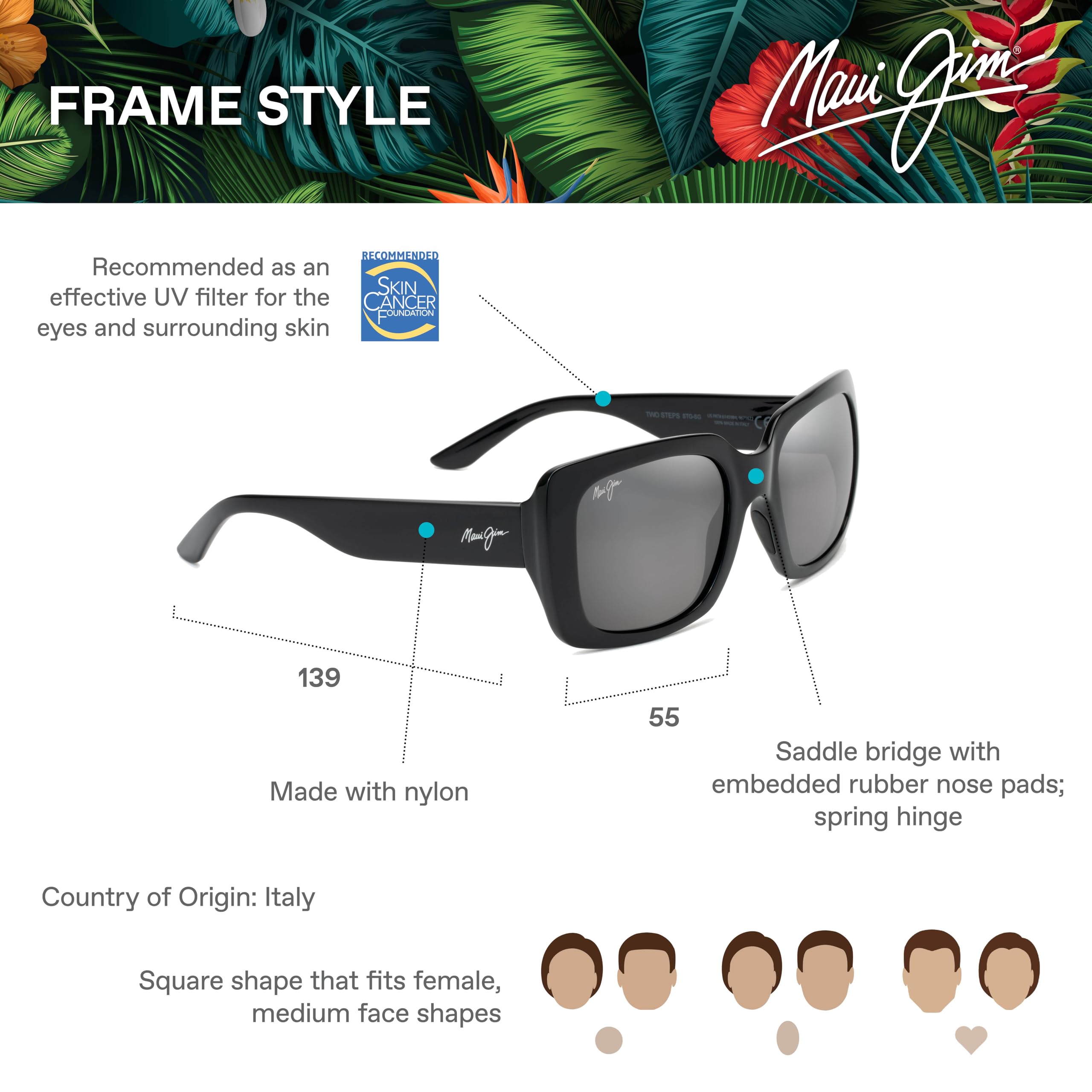 Maui Jim Women's Two Steps Polarized Fashion Sunglasses for Women - UV Protection, Stylish & Lightweight - Perfect for Driving, Beach & Outdoor Activities