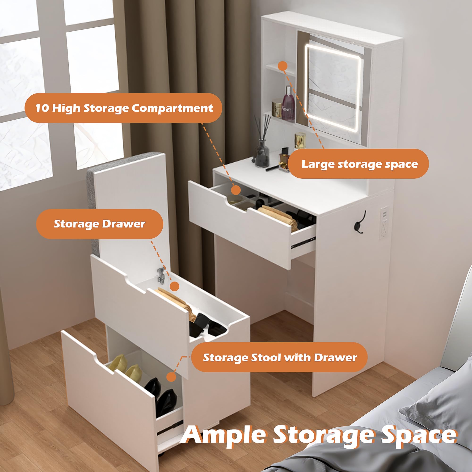 Compact White Makeup Vanity Set with 3 Adjustable LED Mirrors, Storage Chair & Power Outlets - Space-Saving Dressing Table for Small Bedrooms, Apartments & Dorm Rooms - Perfect for Daily Beauty Routine & Makeup Organization