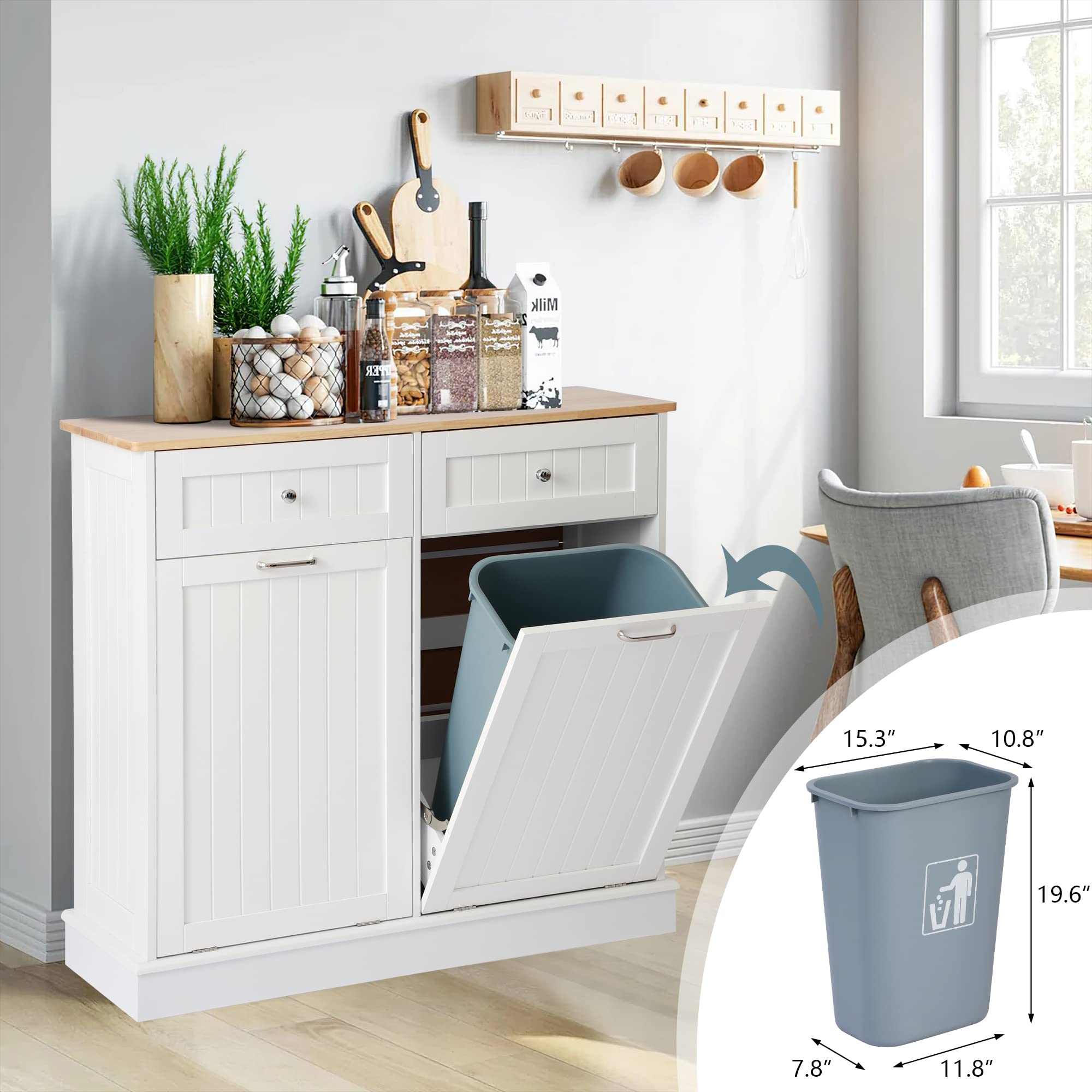 KIGOTY White Double Tilt Out Trash Cabinet - Pet Proof Kitchen Trash Can with Countertop, Drawer & Storage | Wooden Laundry Hamper for Kitchen Organization | Perfect for Small Spaces & Pet-Friendly Homes