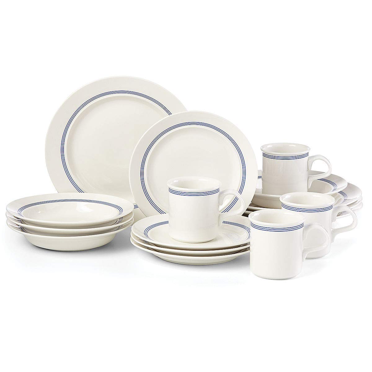Dansk CAF Blanc Stripe 16-Piece Dinnerware Set - Blue Ceramic Plates, Bowls & Mugs - 27.65 LB Complete Tableware for Casual Dining, Entertaining & Everyday Use