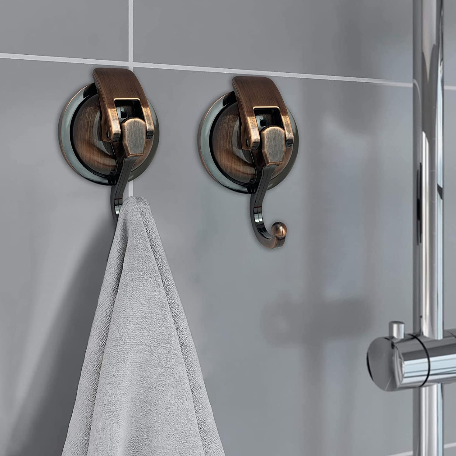 Heavy Duty Vacuum Suction Cup Hooks for Shower - 2 Pack Antique Brass Glass Suction Hooks, No Drill Reusable Towel & Robe Hooks - Perfect for Bathroom Organization, Garland Decoration & Home Decor