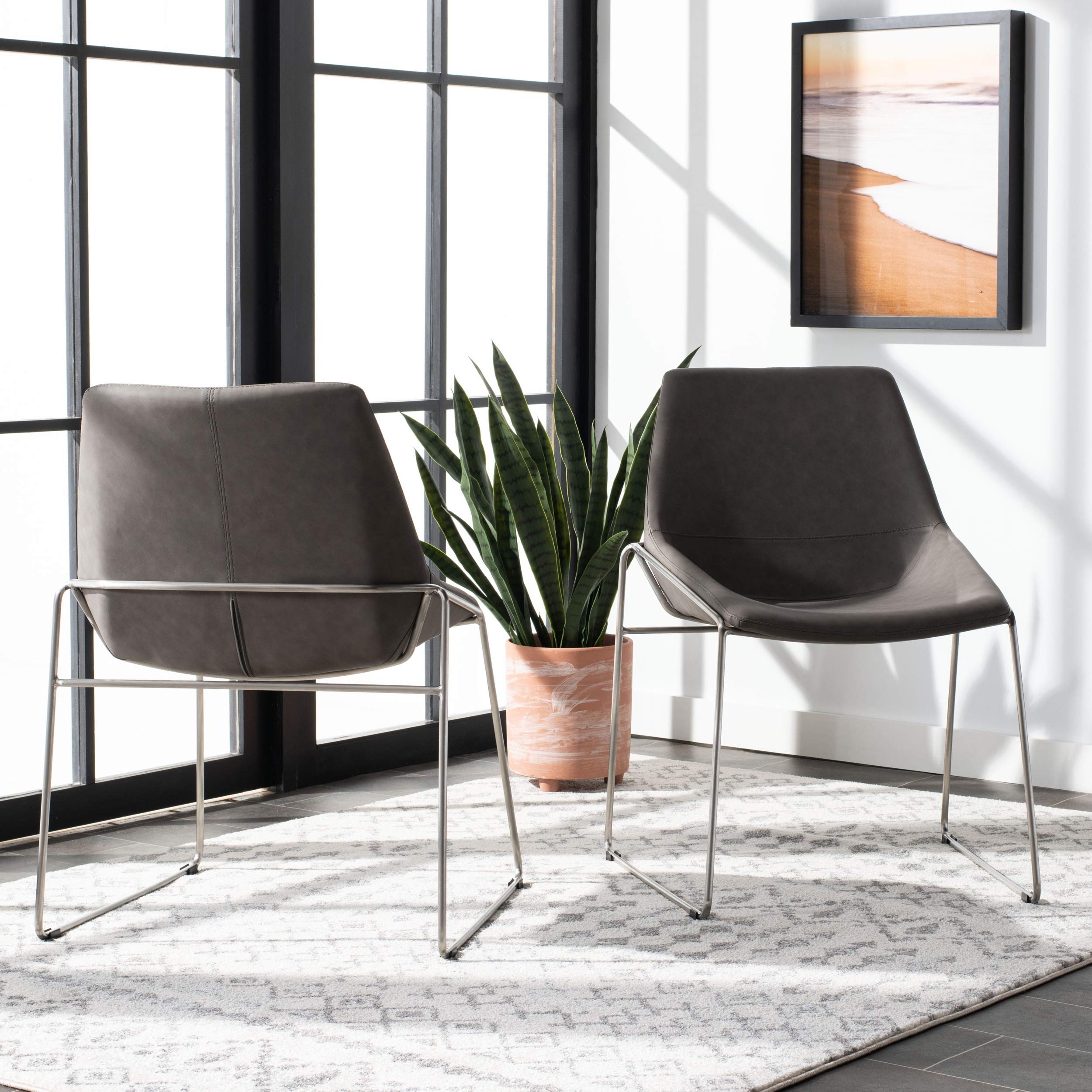 Safavieh Home Alexis Mid-Century Modern Dining Chairs - Set of 2, Ash Faux Leather & Silver Metal Frame - Perfect for Kitchen, Dining Room & Office Use