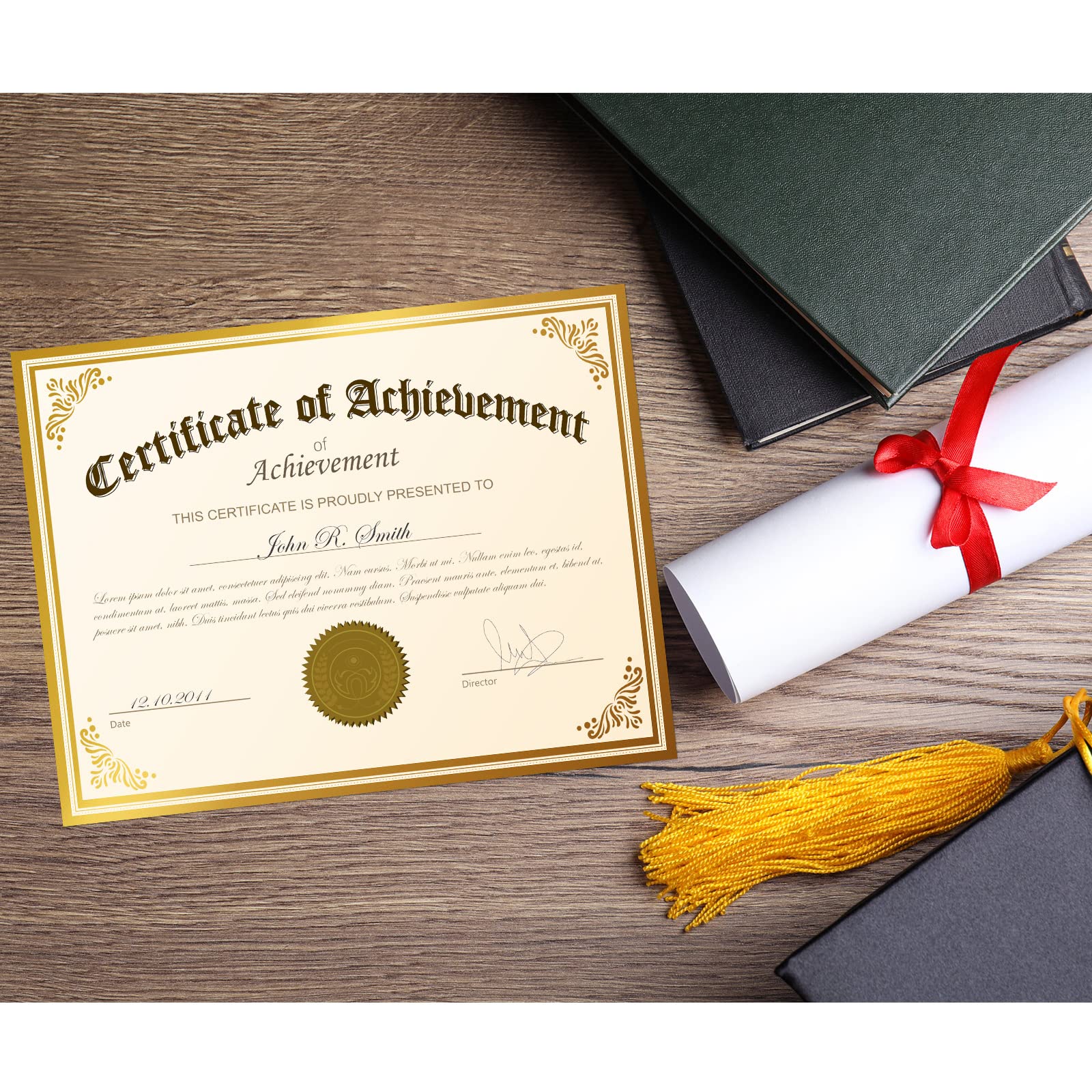 Premium Yerliker 50 Sheets Gold Award Certificate Paper 8.5 x 11 Inches - 50 Embossed Foil Sealing Stickers - Blank Certificates for Graduation, Business, Diplomas - Compatible with Laser & Inkjet Printers - Perfect for Academic Awards, Employee Recognition & Professional Achievements
