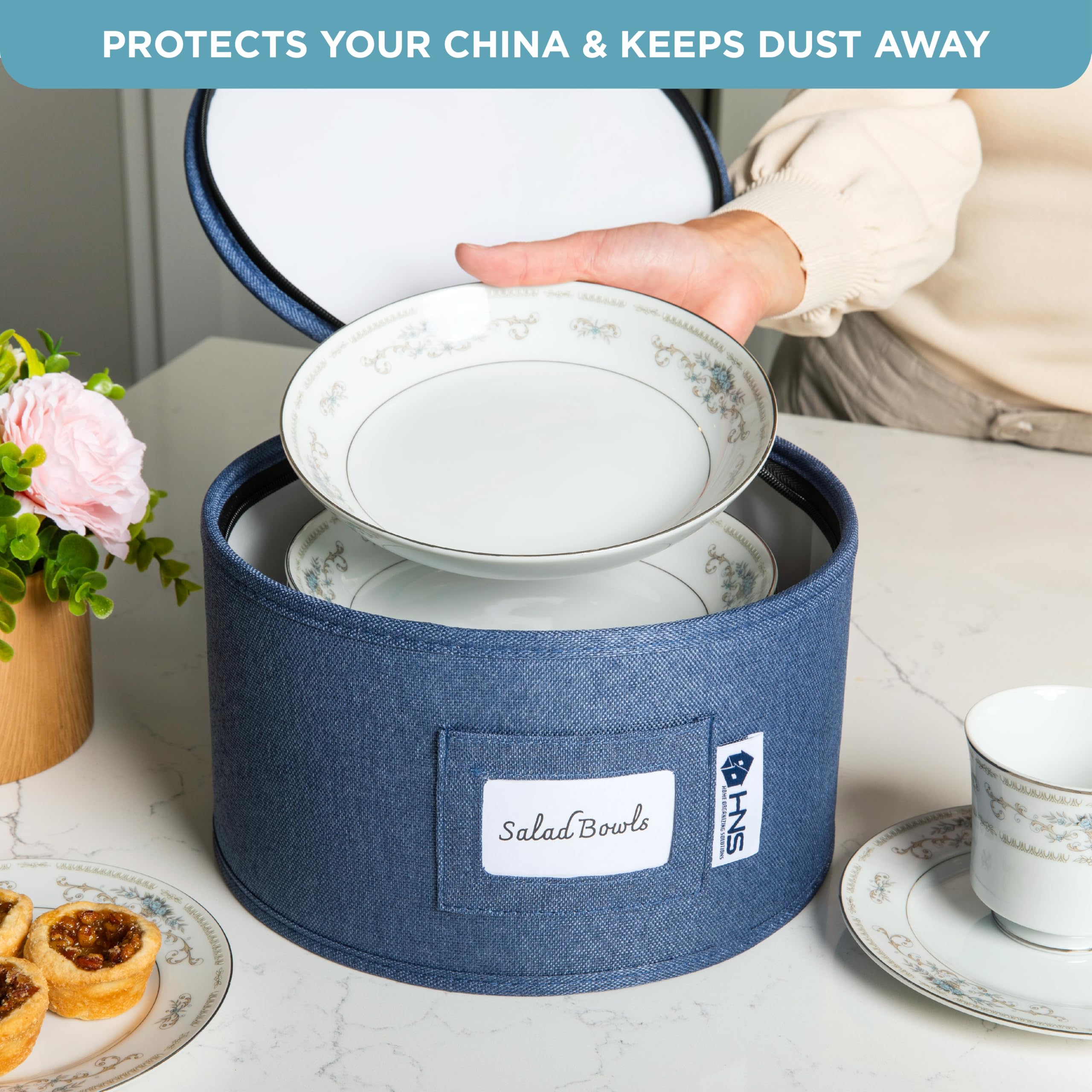 8-Piece Hard Shell Storage Container Set - Durable Moving Boxes for Dinnerware, Glasses, Plates & Mugs with Dividers | Dish Organizer for Seasonal Storage (Serves 12) | Denim Blue | Perfect for Kitchen Organization, Moving Homes & Holiday Dish Storage