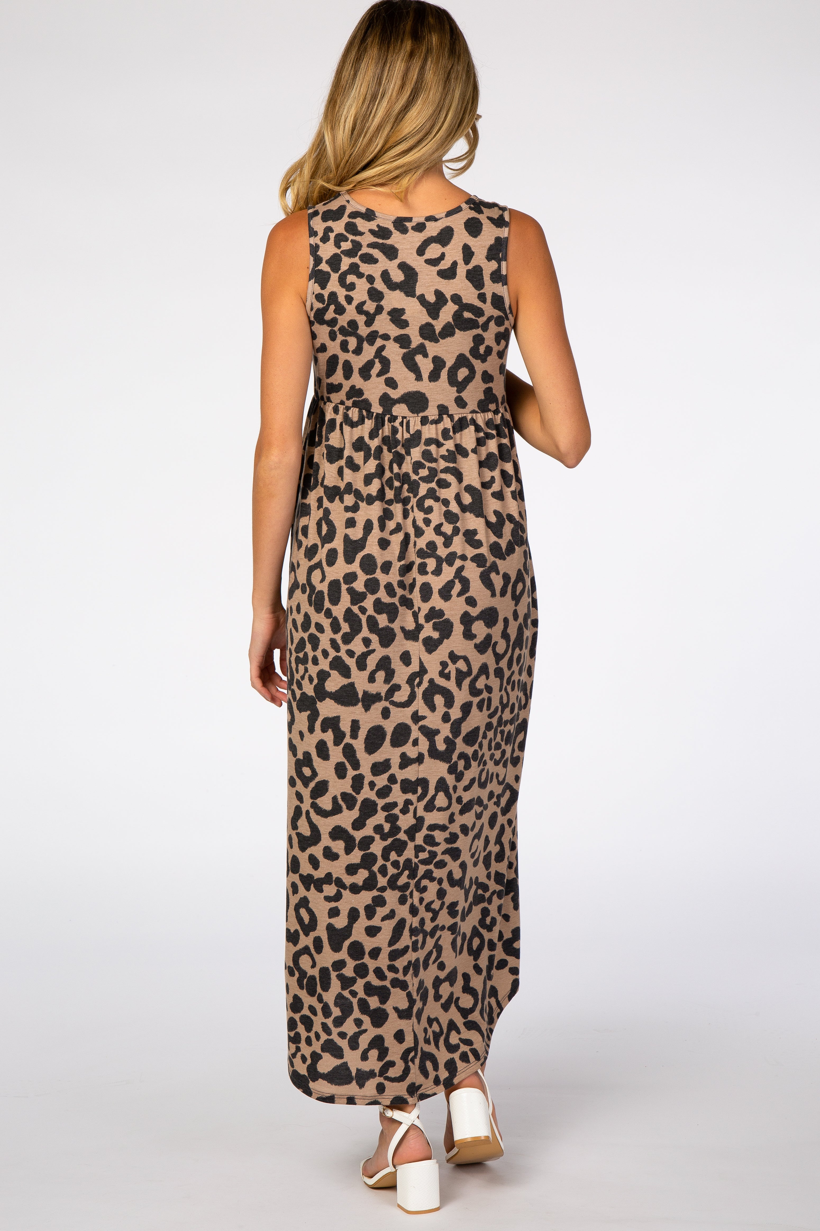 Beige Animal Print Babydoll Sleeveless Maternity Maxi Dress for Women - Comfortable Pregnancy Gown for Baby Shower, Beach Vacation & Maternity Photoshoot