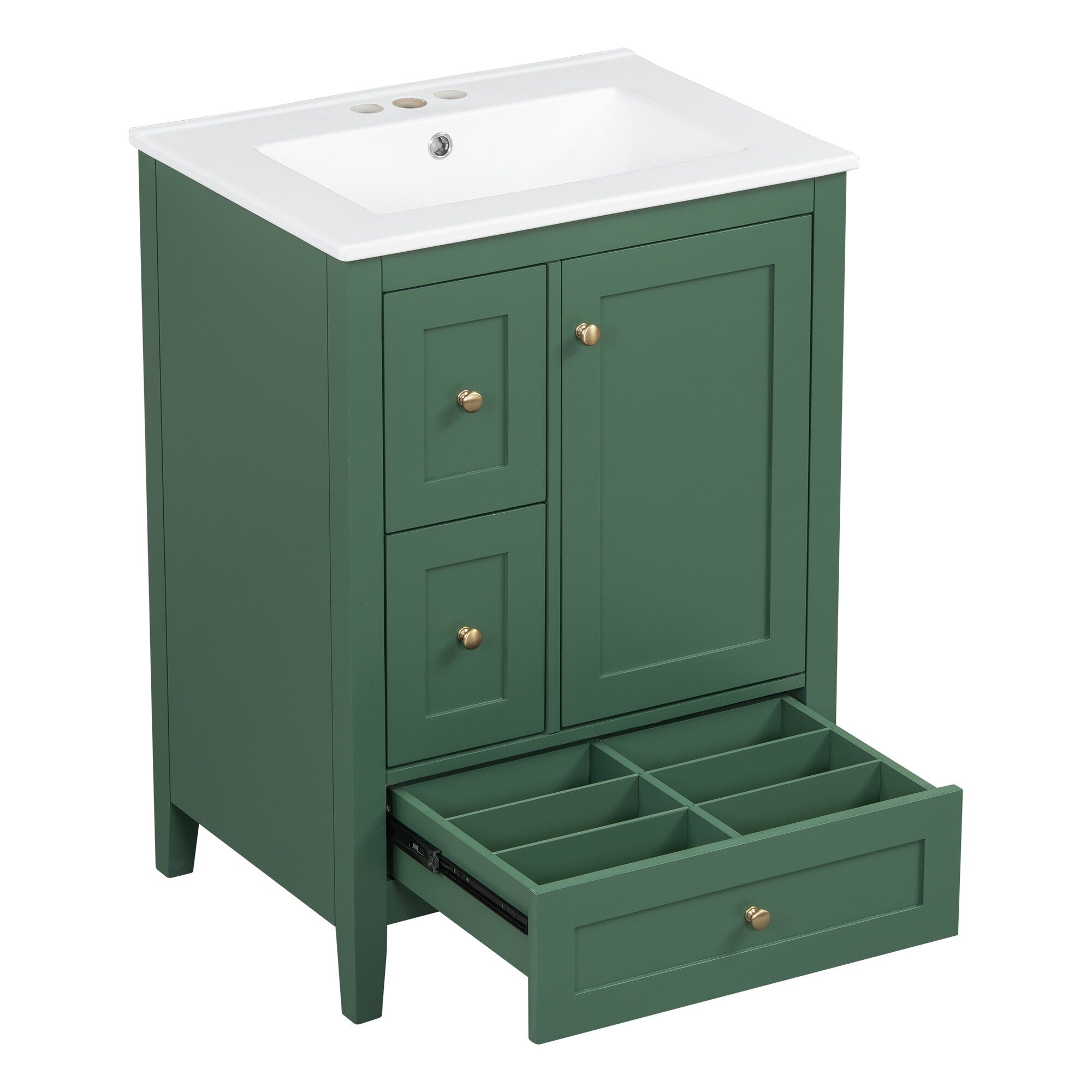 24 Inch Bathroom Vanity with Storage - Adjustable Shelf & Removable Dividers, MDF & Rubberwood Construction, Dark Green Finish for Modern Bathroom Decor