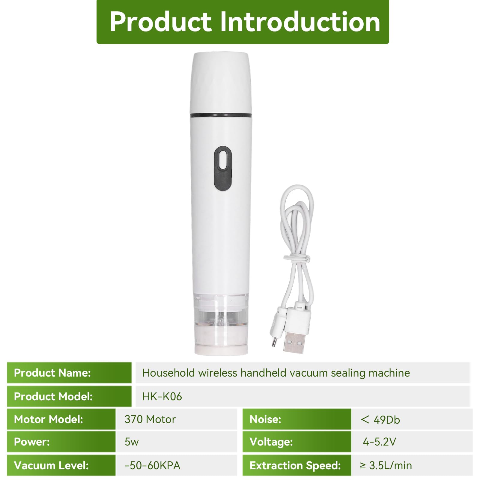 **Cordless Handheld Vacuum Sealer - 50-60KPA Electric Air Pump for Food Storage | ABS Portable Sealing Machine Tool | 4-5.2V 2.5W (White) | Perfect for Kitchen, Travel & Meal Prep**