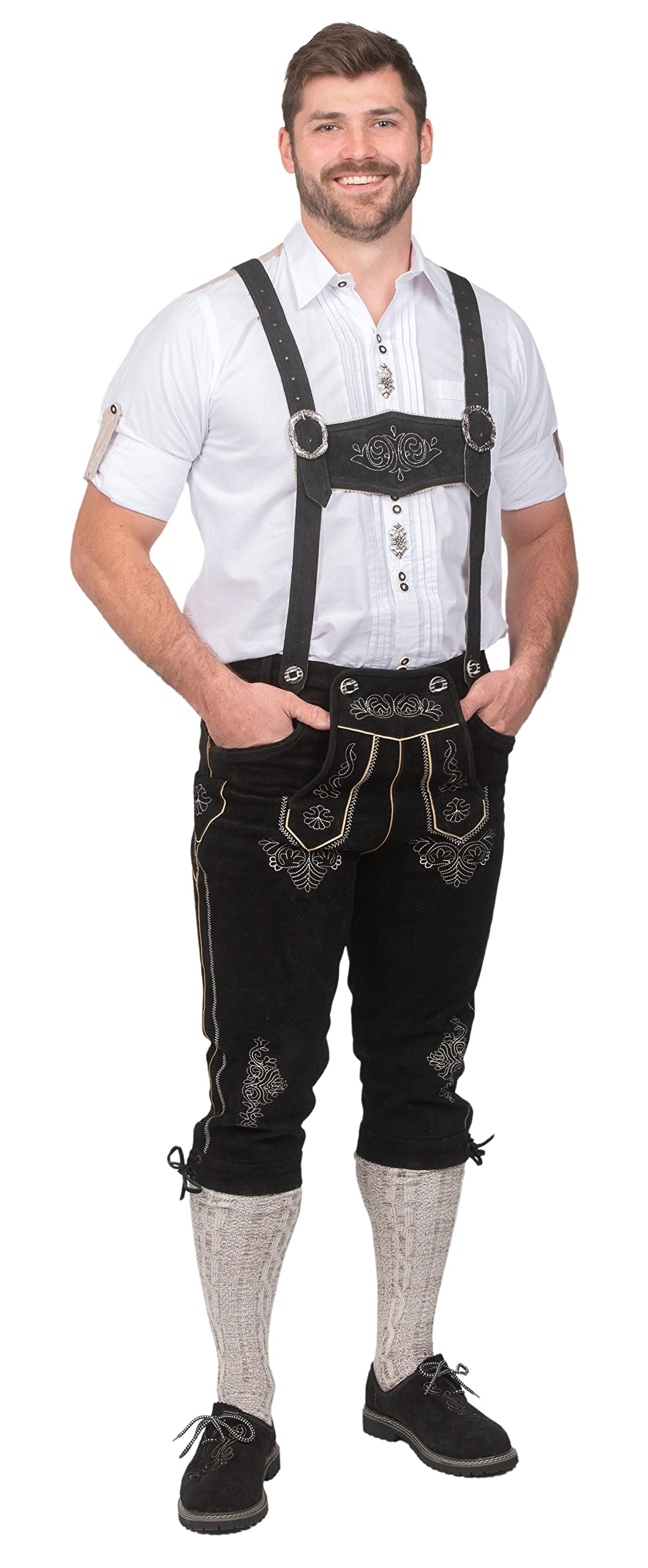 Authentic German Dirndl Trachten Haus 2-Piece Leather Oktoberfest Costume - Traditional Lederhosen Shorts & Pants in Black for Oktoberfest, Bavarian Parties & Cultural Events