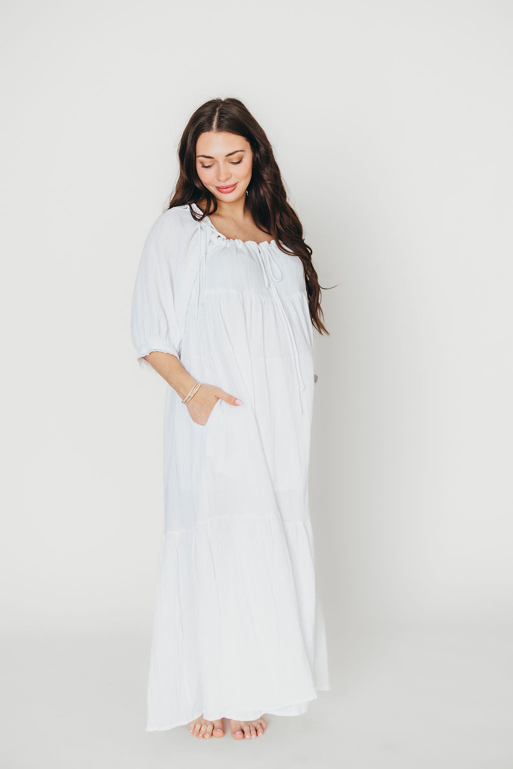 Goddess 100% Cotton Babydoll Maxi Dress - White Maternity Dress for Pregnancy, Bump Friendly, Comfortable & Flowy - Perfect for Maternity Photoshoot, Baby Shower & Summer Vacation