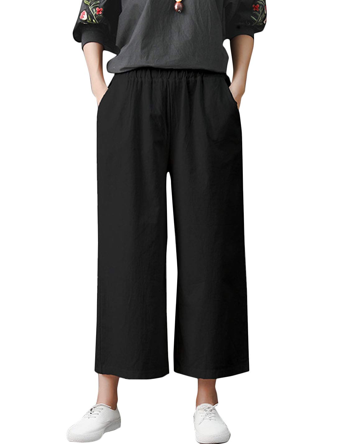 Flygo Women's Casual 100% Linen Capris - Elastic Waist Wide Leg Cropped Pants for Summer, Travel & Beach | Comfortable Linen Trousers for Women